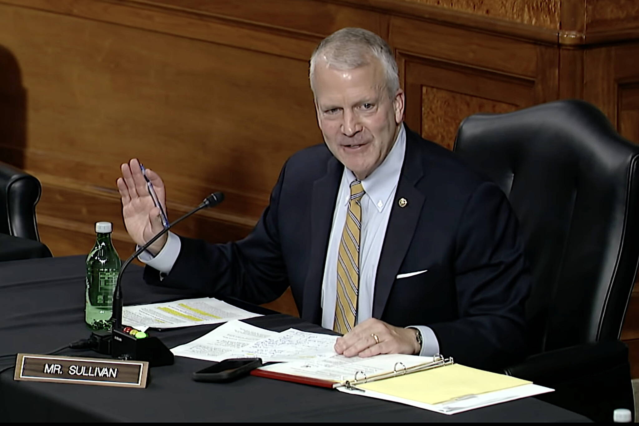U.S. Sen. Dan Sullivan, an Alaska Republican, discusses oil and gas policy during an Armed Services Committee meeting at the U.S. Capitol in May. (Screenshot from official U.S. Senate video)