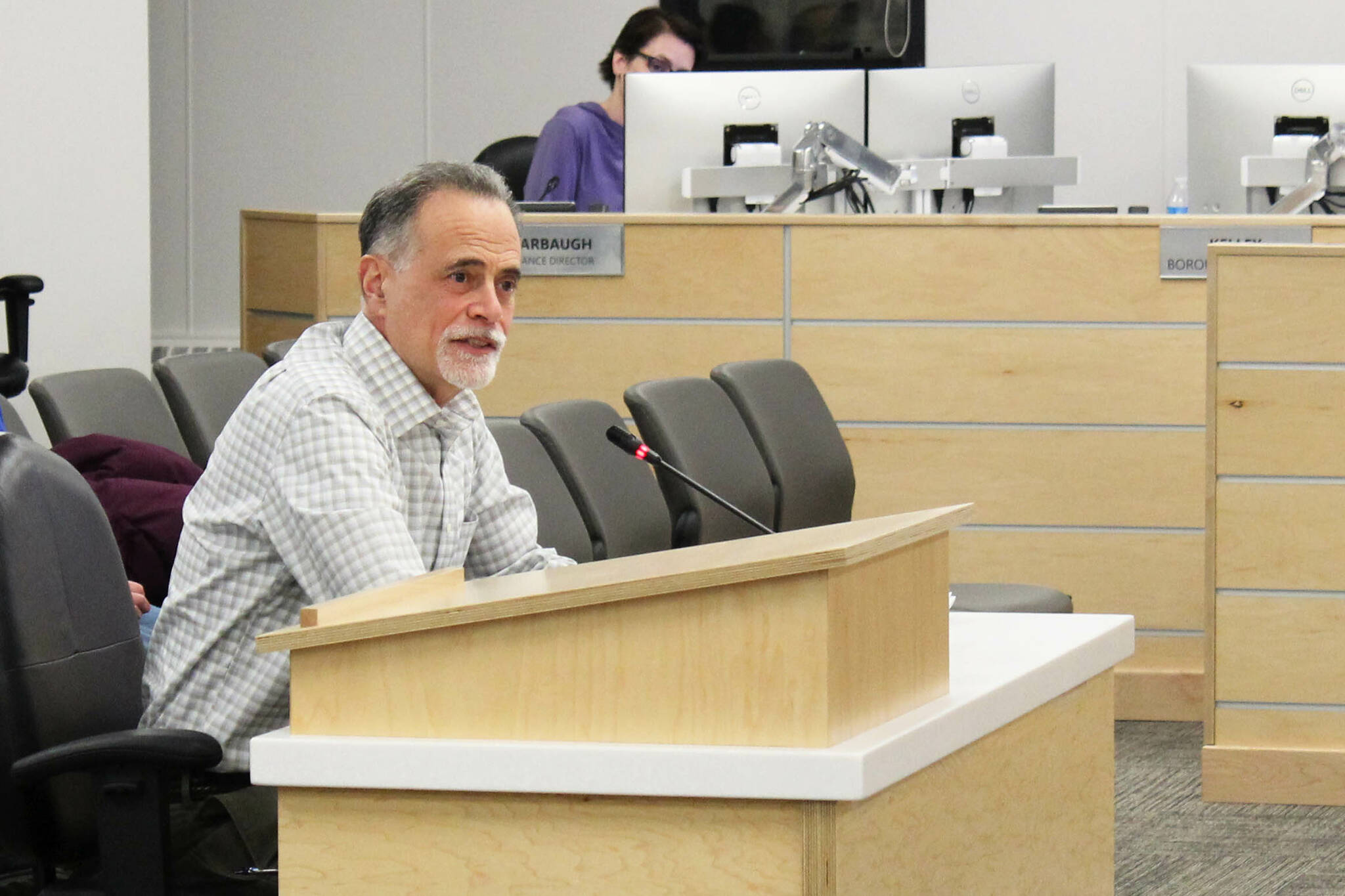 Kenai Peninsula Borough Mayor-elect Peter Micciche testifies before the Kenai Peninsula Borough Assembly during a meeting on Tuesday, Feb. 21, 2022 in Soldotna, Alaska. (Ashlyn O’Hara/Peninsula Clarion)