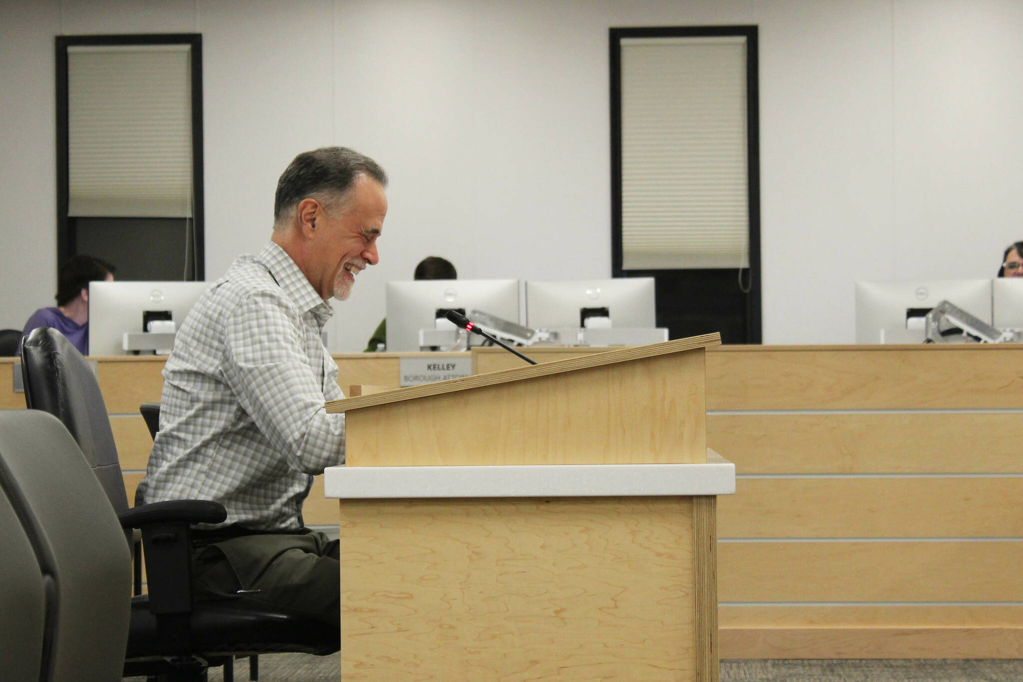 Kenai Peninsula Borough Mayor-elect Peter Micciche testifies before the Kenai Peninsula Borough Assembly during a meeting on Tuesday, Feb. 21, 2022 in Soldotna, Alaska. (Ashlyn O’Hara/Peninsula Clarion)
