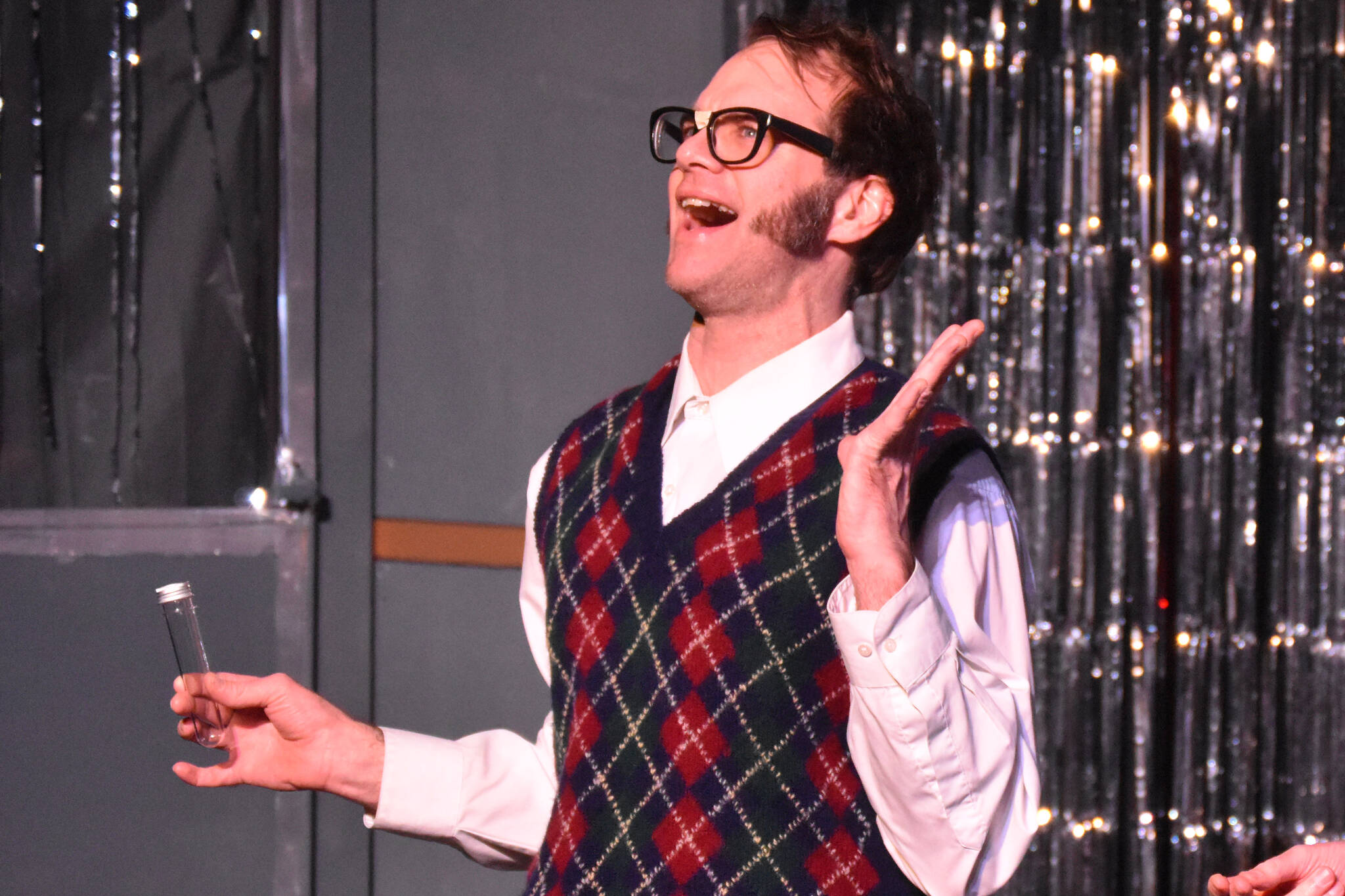 Chris Pepper portrays Ted during a rehersal of “Disaster!” on Tuesday, Feb. 21, 2023, at the Kenai Performers’ Theater in Soldotna, Alaska. (Jake Dye/Peninsula Clarion)