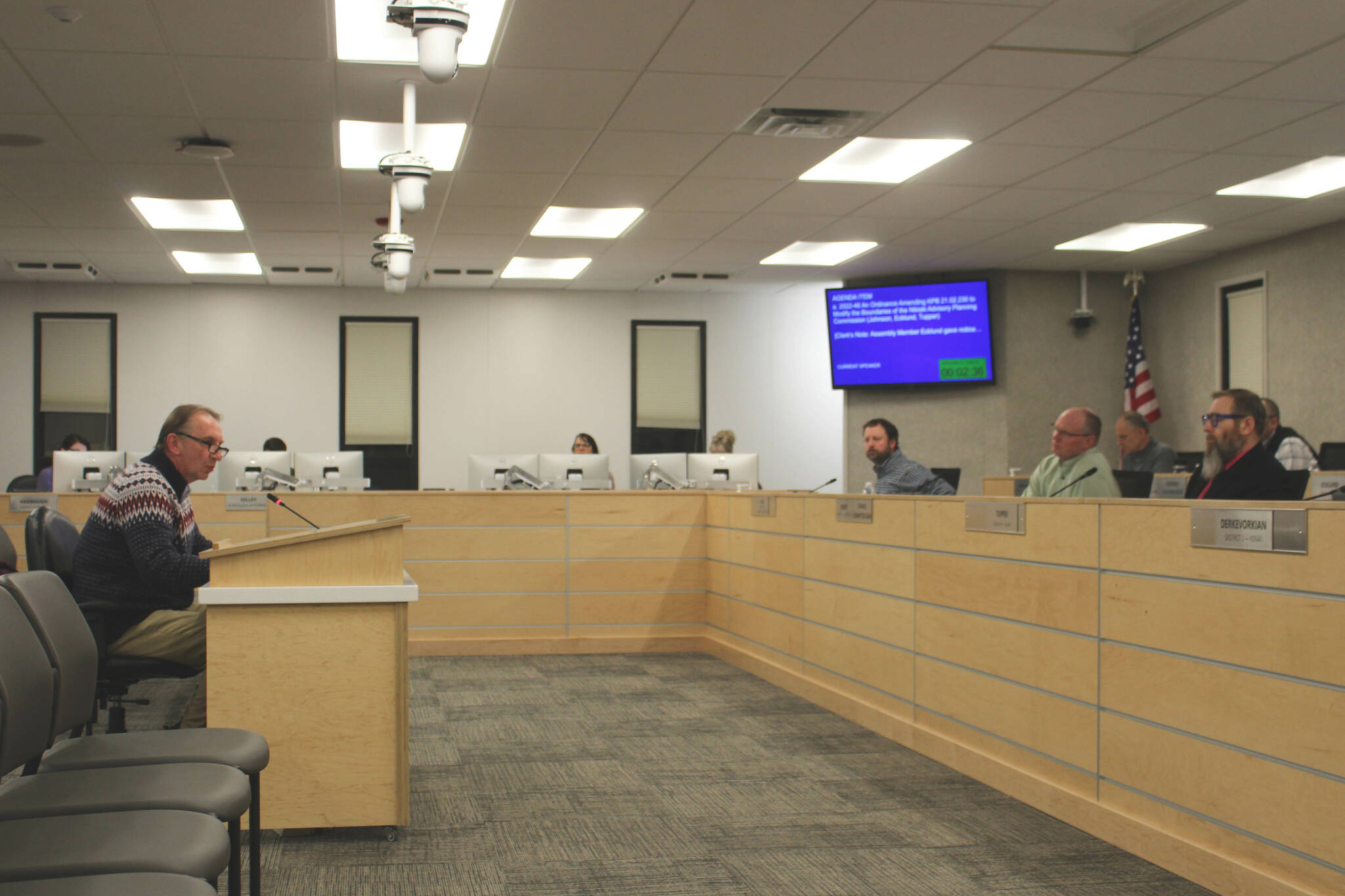 Tyonek Native Corporation CEO Stephen Peskosky testifies before the Kenai Peninsula Borough Assembly in opposition to inclusion of Tyonek in the Nikiski Advisory Planning Commission during an assembly meeting on Tuesday, Feb. 21, 2023 in Soldotna, Alaska. (Ashlyn O’Hara/Peninsula Clarion)