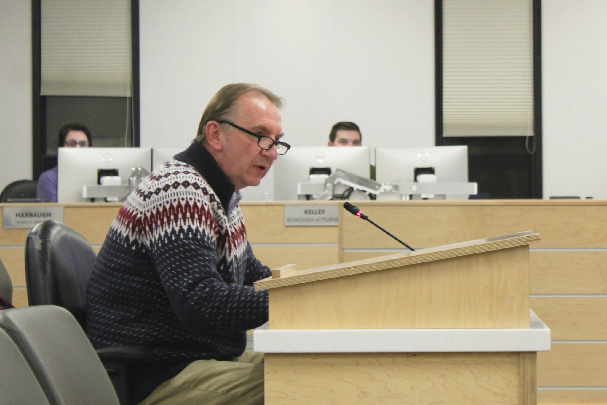 Tyonek Native Corporation CEO Stephen Peskosky testifies before the Kenai Peninsula Borough Assembly in opposition to inclusion of Tyonek in the Nikiski Advisory Planning Commission during an assembly meeting on Tuesday, Feb. 21, 2023 in Soldotna, Alaska. (Ashlyn O’Hara/Peninsula Clarion)
