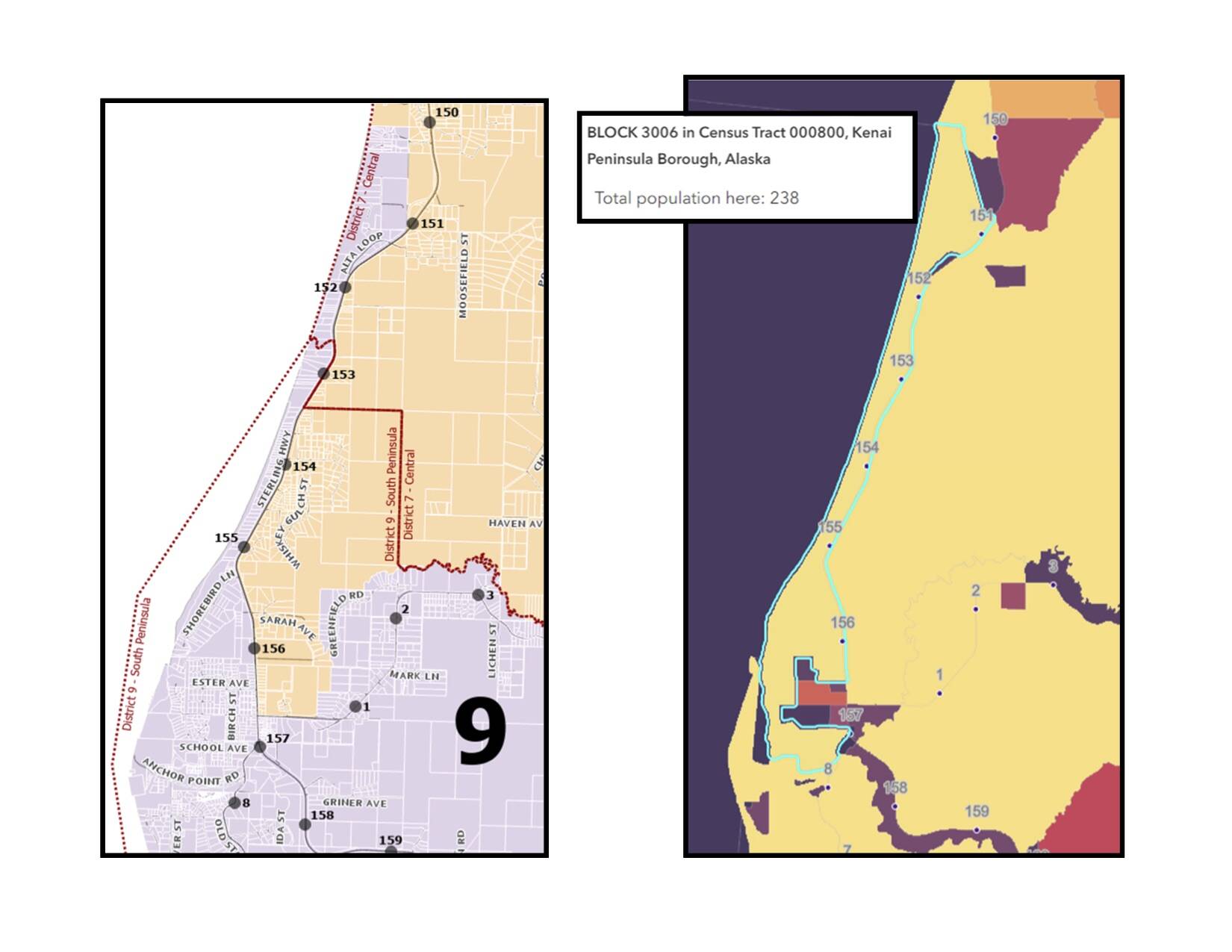 Map showing the proposed boundary changes for Kenai Peninsula Borough districts 7 and 9. (Map via Kenai Peninsula Borough)