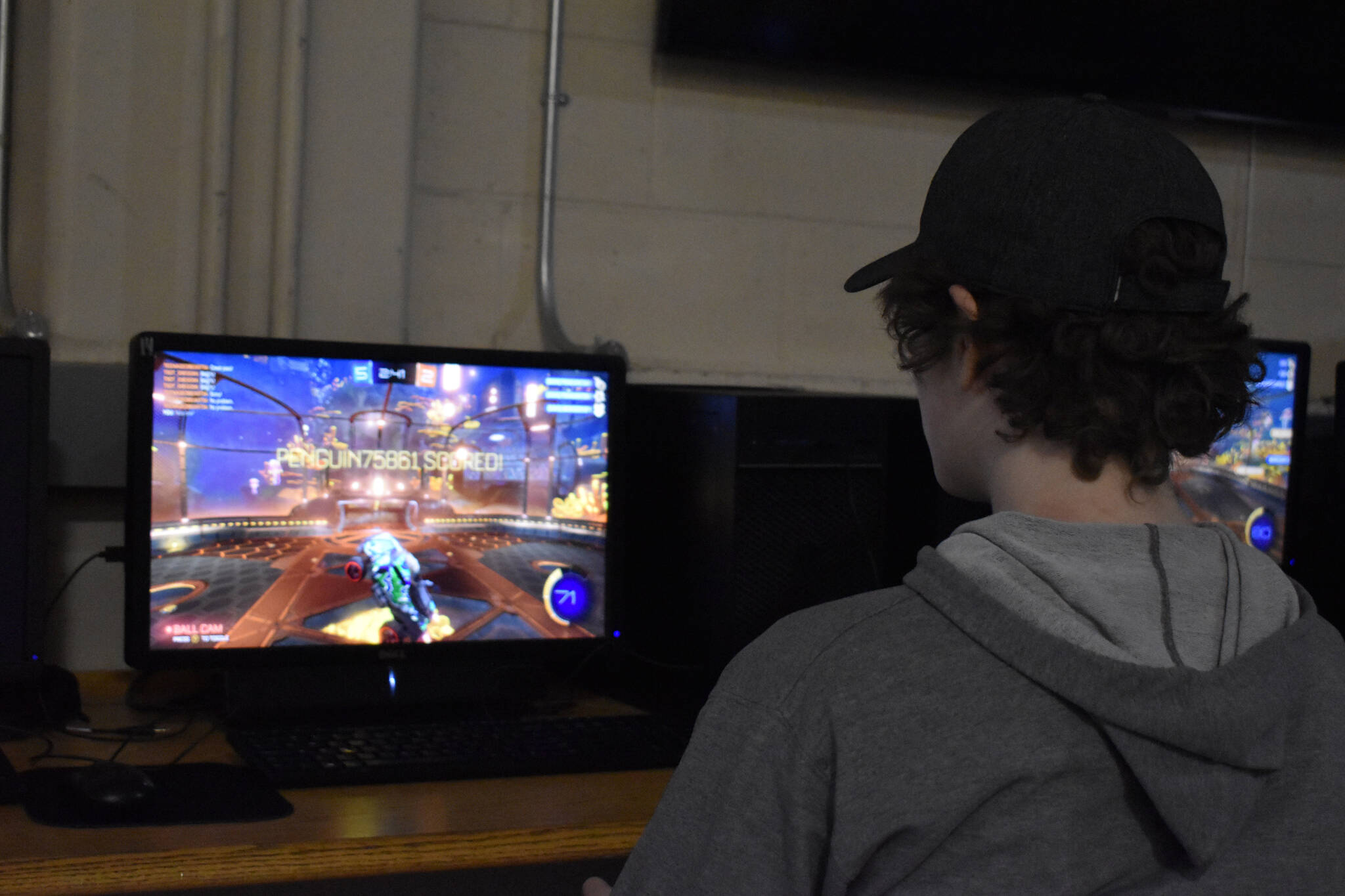 Soldotna High School esports player Ethan Boehme participates in a Rocket League practice match on Thursday, Feb. 23, 2023, at Skyview Middle School in Soldotna, Alaska. (Jake Dye/Peninsula Clarion)