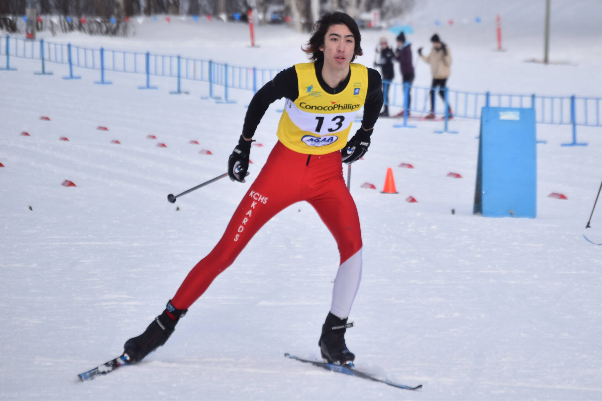 Robert Carson, of Kenai, takes off on the third leg of the boys 4x5-kilometer relay at the ASAA State Nordic Ski Championships at Kincaid Park in Anchorage, Alaska, on Saturday, Feb. 25, 2023. (Jake Dye/Peninsula Clarion)