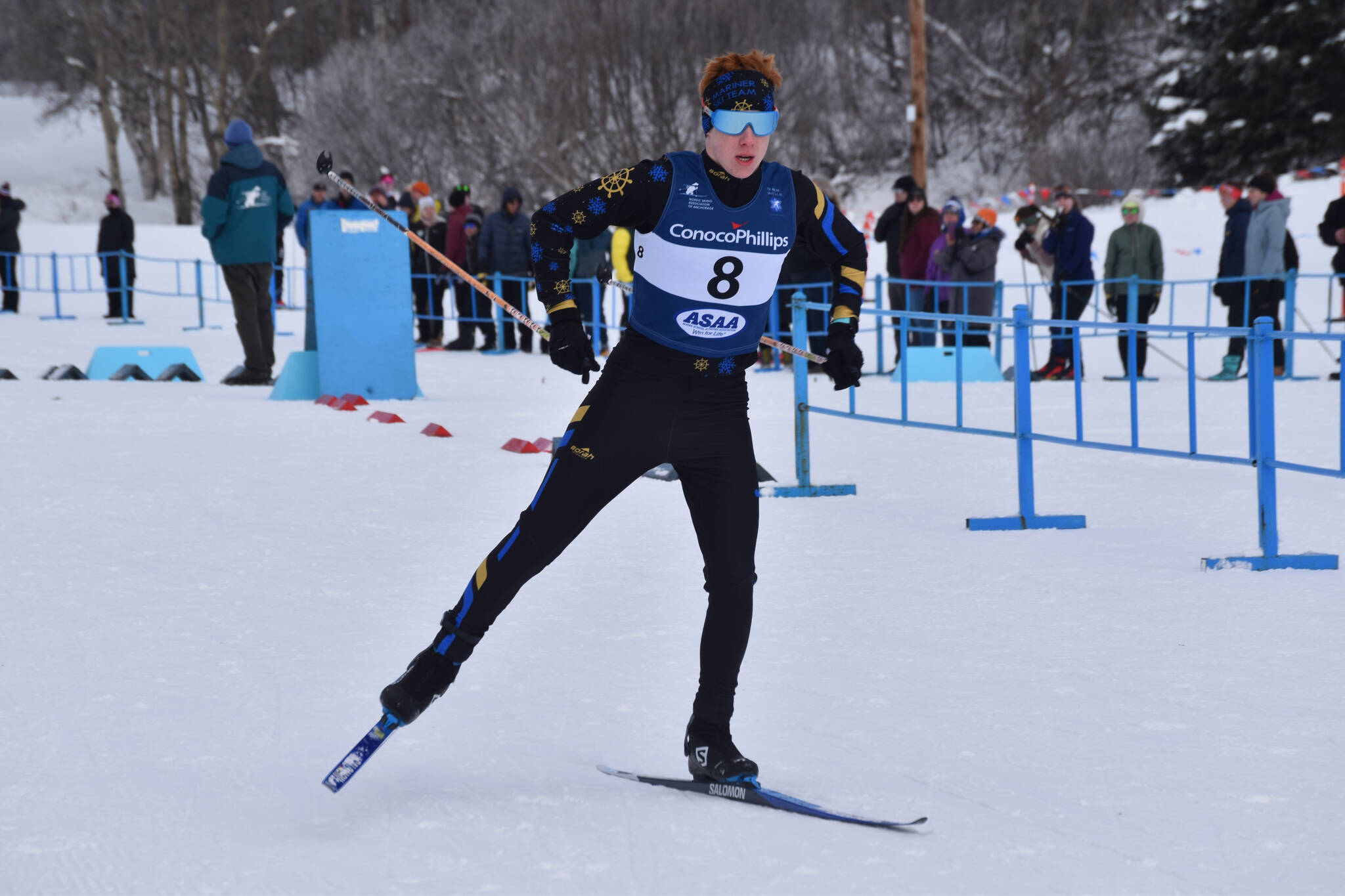 Jody Goodrich takes off on the final leg of the boys 4x5-kilometer relay at the ASAA State Nordic Ski Championships at Kincaid Park in Anchorage, Alaska, on Saturday, Feb. 25, 2023. (Jake Dye/Peninsula Clarion)