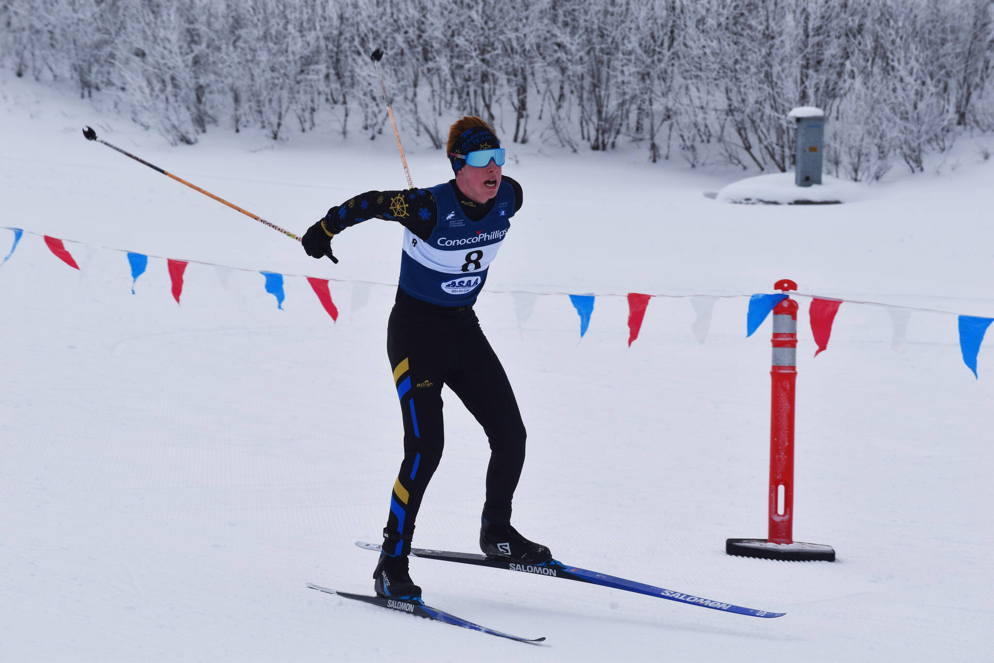 Jody Goodrich pushes through the final leg of the boys 4x5-kilometer relay at the ASAA State Nordic Ski Championships at Kincaid Park in Anchorage, Alaska, on Saturday, Feb. 25, 2023. (Jake Dye/Peninsula Clarion)