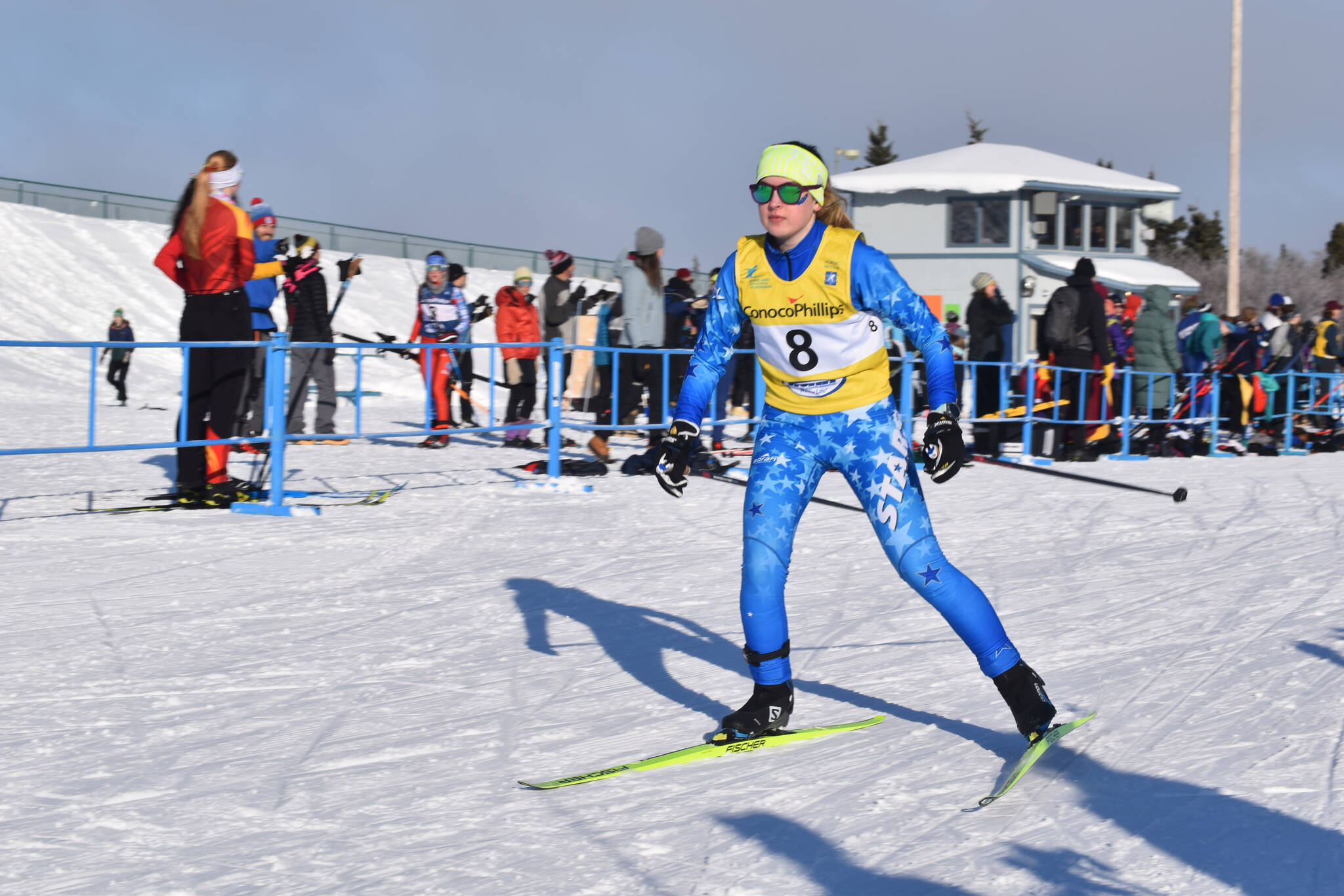 Soldotna’s Avery Ciufo sets out on the third leg of the girls 4x3.5-kilometer relay at the ASAA State Nordic Ski Championships at Kincaid Park in Anchorage, Alaska, on Saturday, Feb. 25, 2023. (Jake Dye/Peninsula Clarion)