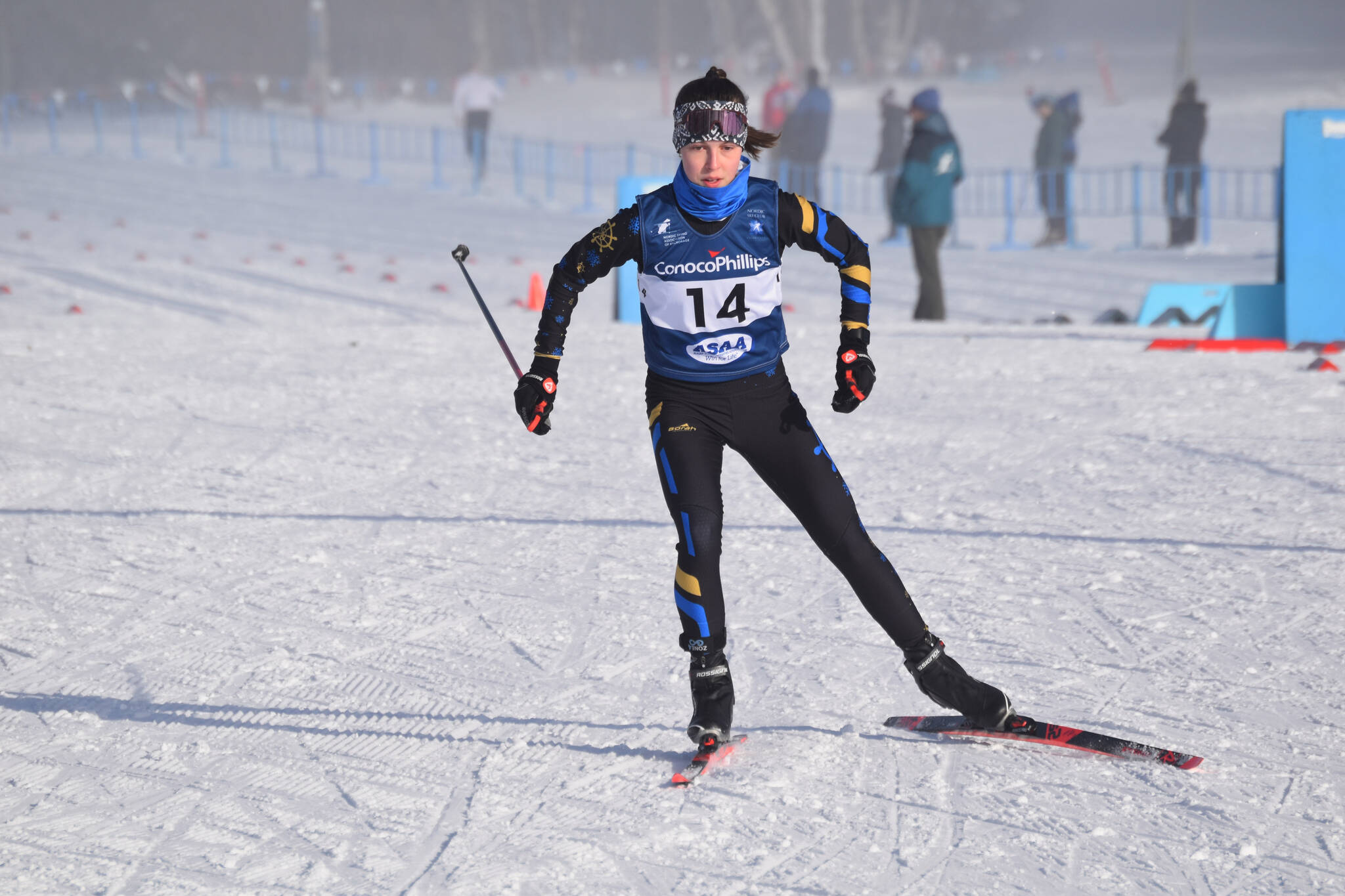 Eryn Field, of Homer, sets out on the last leg of the girls 4x3.5-kilometer relay at the ASAA State Nordic Ski Championships at Kincaid Park in Anchorage, Alaska, on Saturday, Feb. 25, 2023. (Jake Dye/Peninsula Clarion)