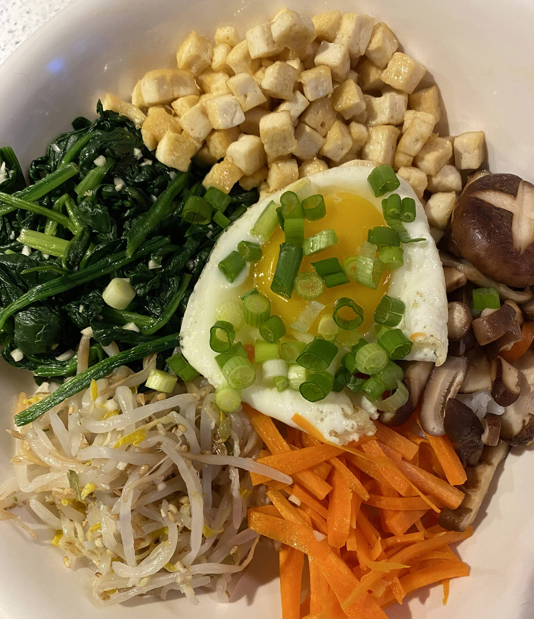 Tofu, spinach, fried egg, carrots, mushrooms and sprouts are served on rice in this Korean Bibimbap recipe. (Photo by Tressa Dale/Peninsula Clarion)