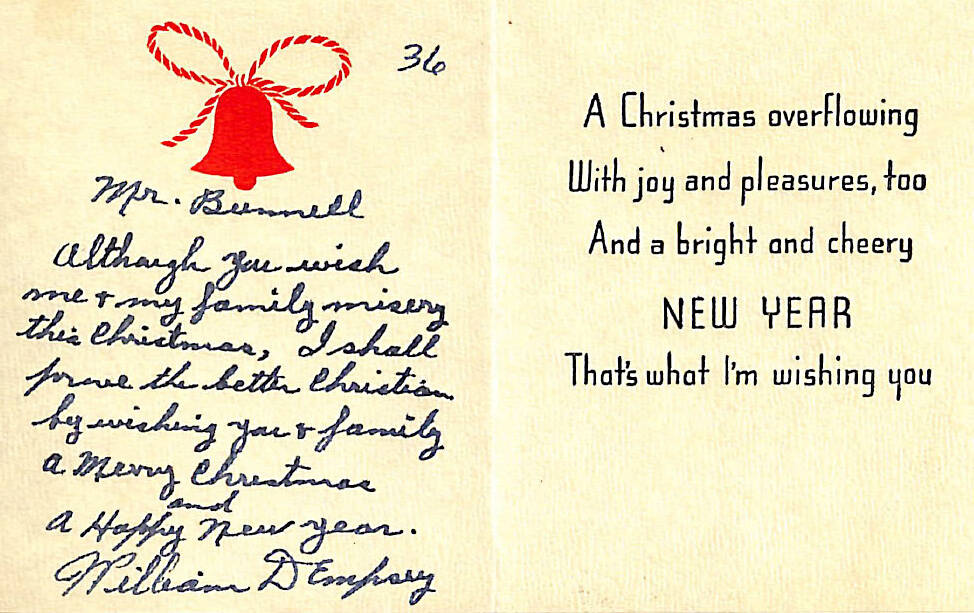Image courtesy of the University of Alaska Fairbanks archives 
In 1936, frustrated by Charles Bunnell’s repeated denials of his requests for a recommendation of executive clemency, Leavenworth prison inmate William Dempsey sent this holiday card to Bunnell.