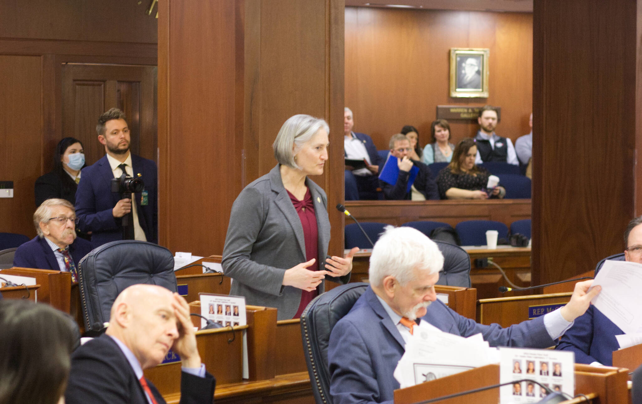 State Rep. Rebecca Himschoot, I-Sitka, offers an overview Wednesday of Southeast Alaska’s commercial troll fisheries while asking for support on a resolution opposing a lawsuit by a Washington-based group that would shut the fisheries down due to their alleged impacts on species in that state. The resolution passed by a 35-1 vote. (Mark Sabbatini / Juneau Empire)