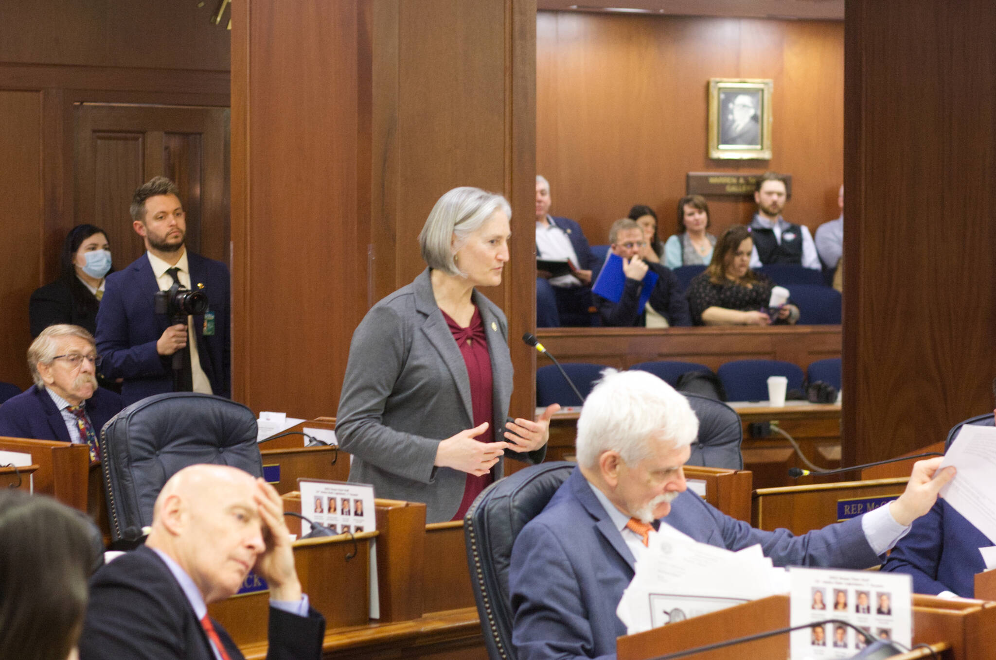 Mark Sabbatini / Juneau Empire
State Rep. Rebecca Himschoot, I-Sitka, offers an overview Wednesday of Southeast Alaska’s commercial troll fisheries while asking for support on a resolution opposing a lawsuit by a Washington-based group that would shut the fisheries down due to their alleged impacts on species in that state. The resolution passed by a 35-1 vote.