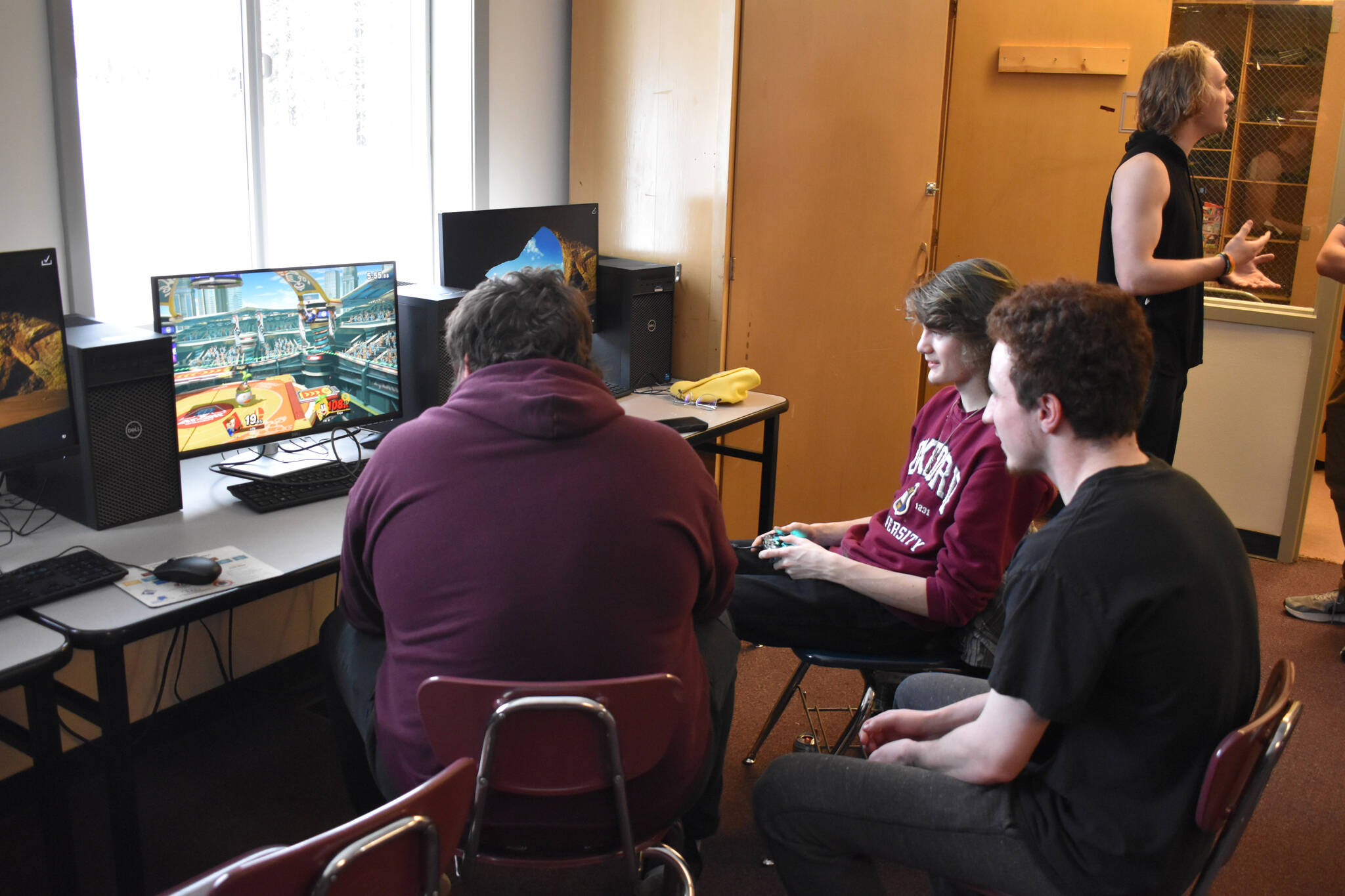 Kenai Central High School esports players participate in a practice match of Super Smash Bros. Ultimate ahead of a scheduled game at Kenai Central High School in Kenai, Alaska, on Wednesday, Feb. 15, 2023. (Jake Dye/Peninsula Clarion)