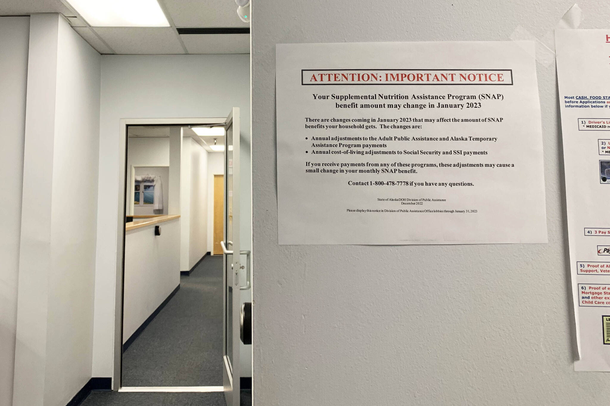 Information about SNAP benefit amounts is posted on a wall at the Alaska Division of Public Assistance’s Kenai office on Wednesday, March 1, 2023, in Kenai, Alaska. (Ashlyn O’Hara/Peninsula Clarion)