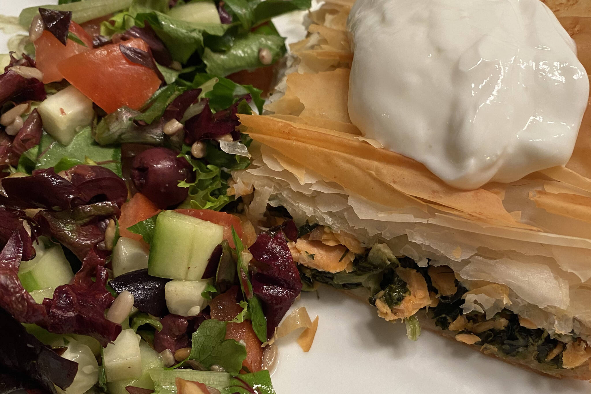 Alaska-style spanakopita includes salmon with the traditional spinach and feta. (Photo by Tressa Dale/Peninsula Clarion)