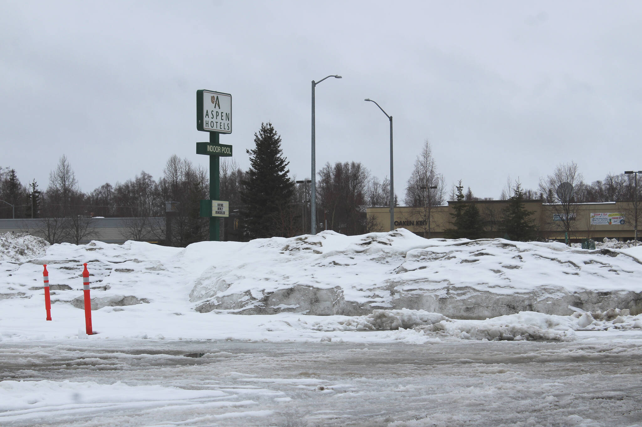 Snow collects in a lot near the Aspen Hotel on Thursday, March 10, 2022, in Soldotna, Alaska. The lot is the site of a planned parking lot by the City of Soldotna. (Ashlyn O’Hara/Peninsula Clarion)