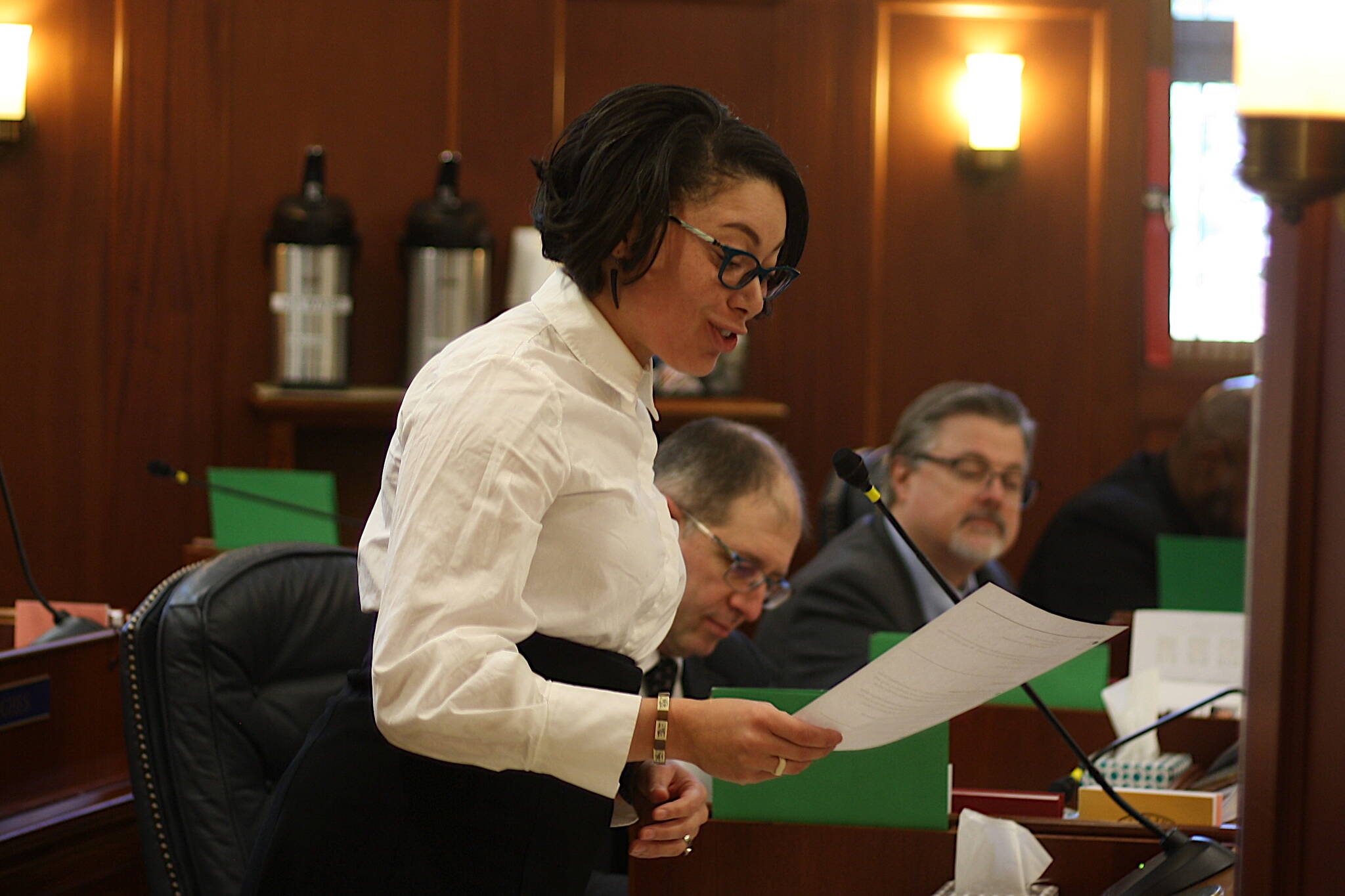 Mark Sabbatini / Juneau Empire
State Sen. Löki Tobin, D-Anchorage, reads an announcement during the Senate floor session Wednesday. Tobin, who chairs the Senate Education Committee, emerged as a potential road block to Gov. Mike Dunleavy’s “parental rights” bill by declaring it would not get a hearing if referred to her committee. The bill was subsequently referred to two other committees, with Senate President Gary Stevens, R-Kodiak, stating it will get a public hearing.