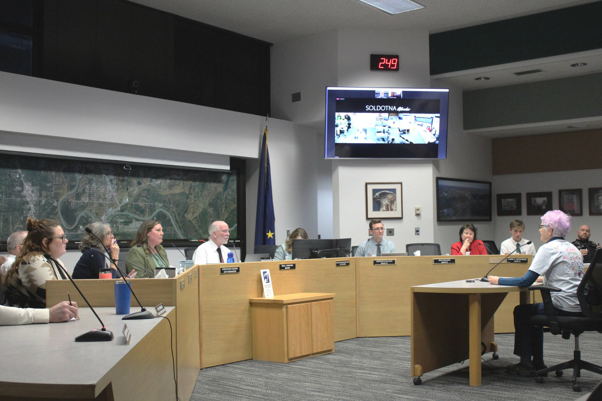 Susan Smalley (right) testifies before the Soldotna City Council on Wednesday, March 8, 2023 in Soldotna, Alaska. Smalley, who attended the 2022 Pride in the Park event questioned what would and would not be considered inappropriate under the proposed legislation. (Ashlyn O’Hara/Peninsula Clarion)