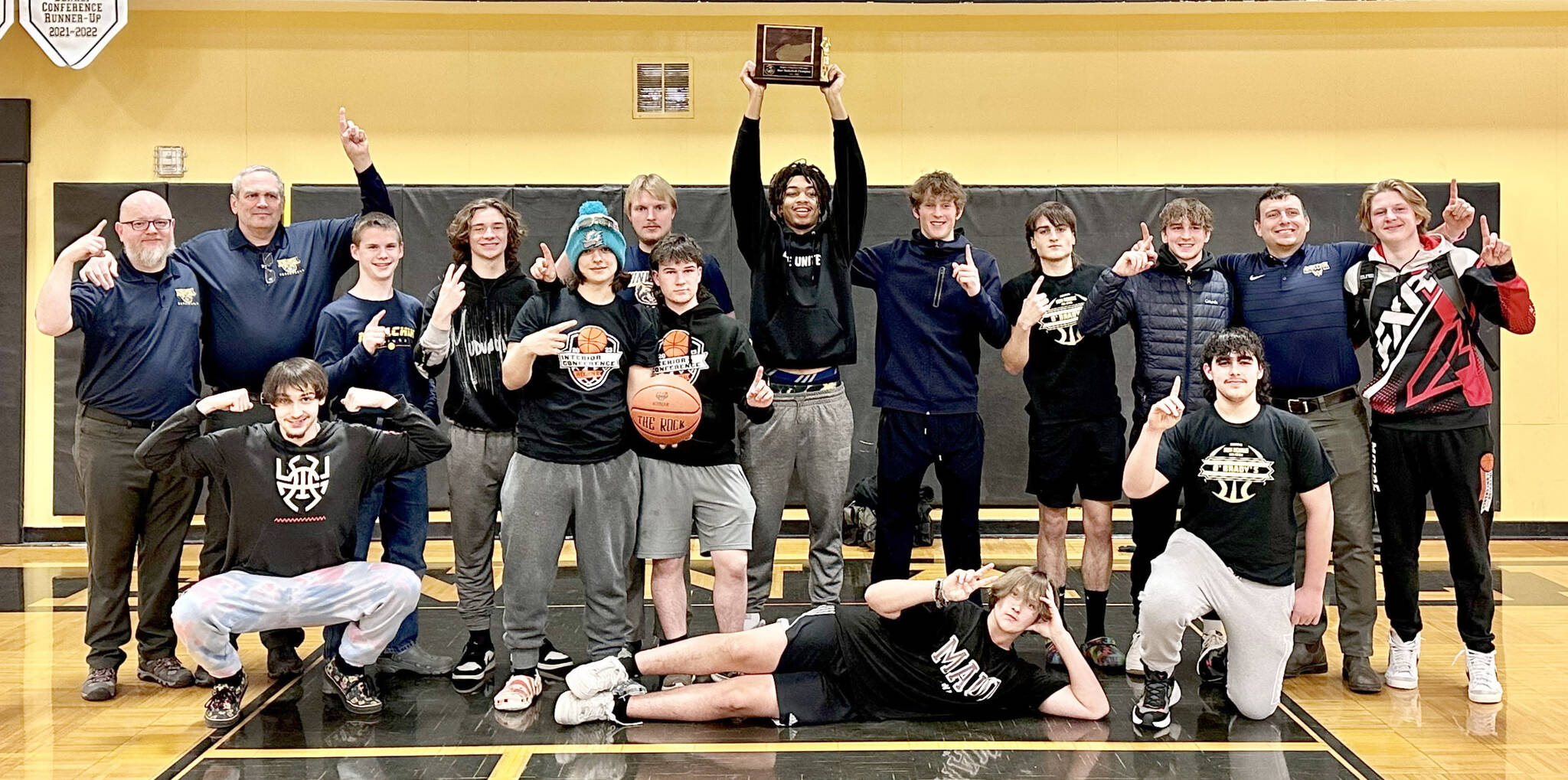 The Ninilchik boys basketball team won the Class 2A Interior Conference title Friday, March 10, 2023, in Glennallen, Alaska. (Photo courtesy of Robin Moore)