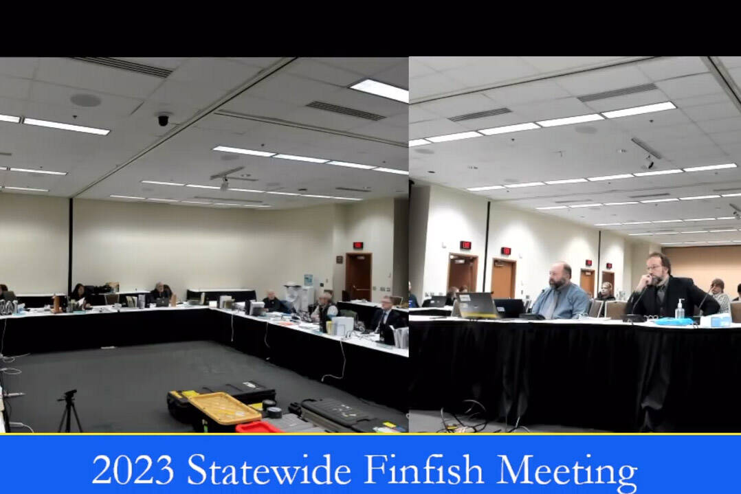 The Alaska Board of Fisheries discusses three emergency petitions directed at Cook Inlet East Side Set Net closures during the 2023 Statewide Finfish Meeting on Monday, March 13, 2023, at the Egan Civic & Convention Center in Anchorage Alaska. (Screenshot)