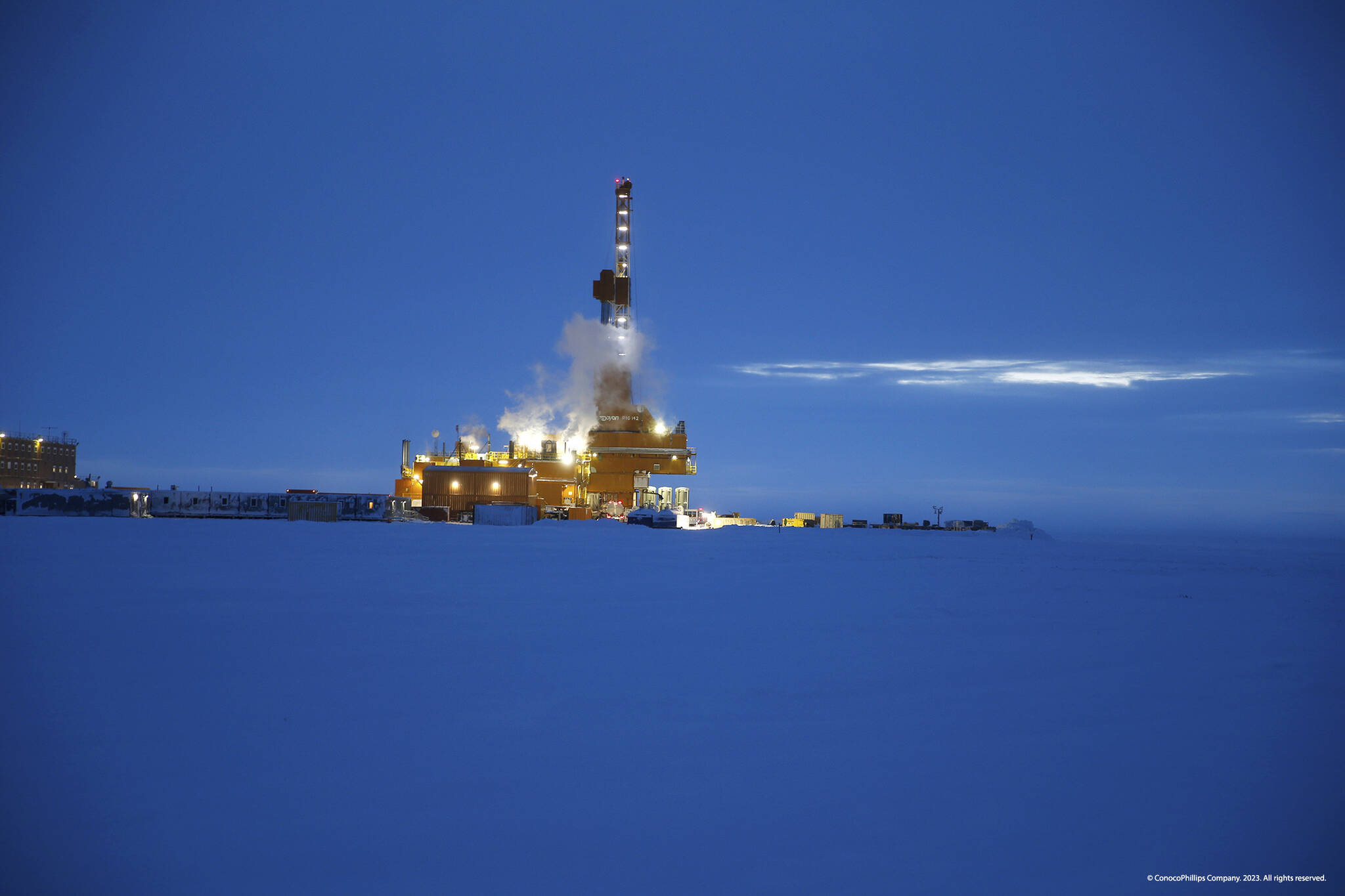This 2019 photo provided by ConocoPhillips shows an exploratory drilling camp at the proposed site of the Willow oil project on Alaska’s North Slope. The Biden administration’s approval of the massive oil development in northern Alaska on Monday, March 13, 2023, commits the U.S. to yet another decades-long crude project even as scientists urgently warn that only a halt to more fossil fuel emissions can stem climate change. ConocoPhillips’ Willow project was approved Monday and would result in at least 263 million tons of planet-warming gases over 30 years. (ConocoPhillips via AP)