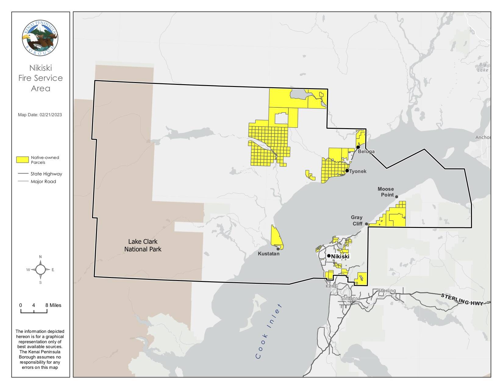 A map shows what Native-owned land parcels fall within the current boundaries of the Nikiski Fire Service Area. The assembly is considering excluding those parcels from the coverage area of the Nikiski Advisory Planning Commission, which currently has the same boundaries as the fire service area. (Map via Kenai Peninsula Borough)