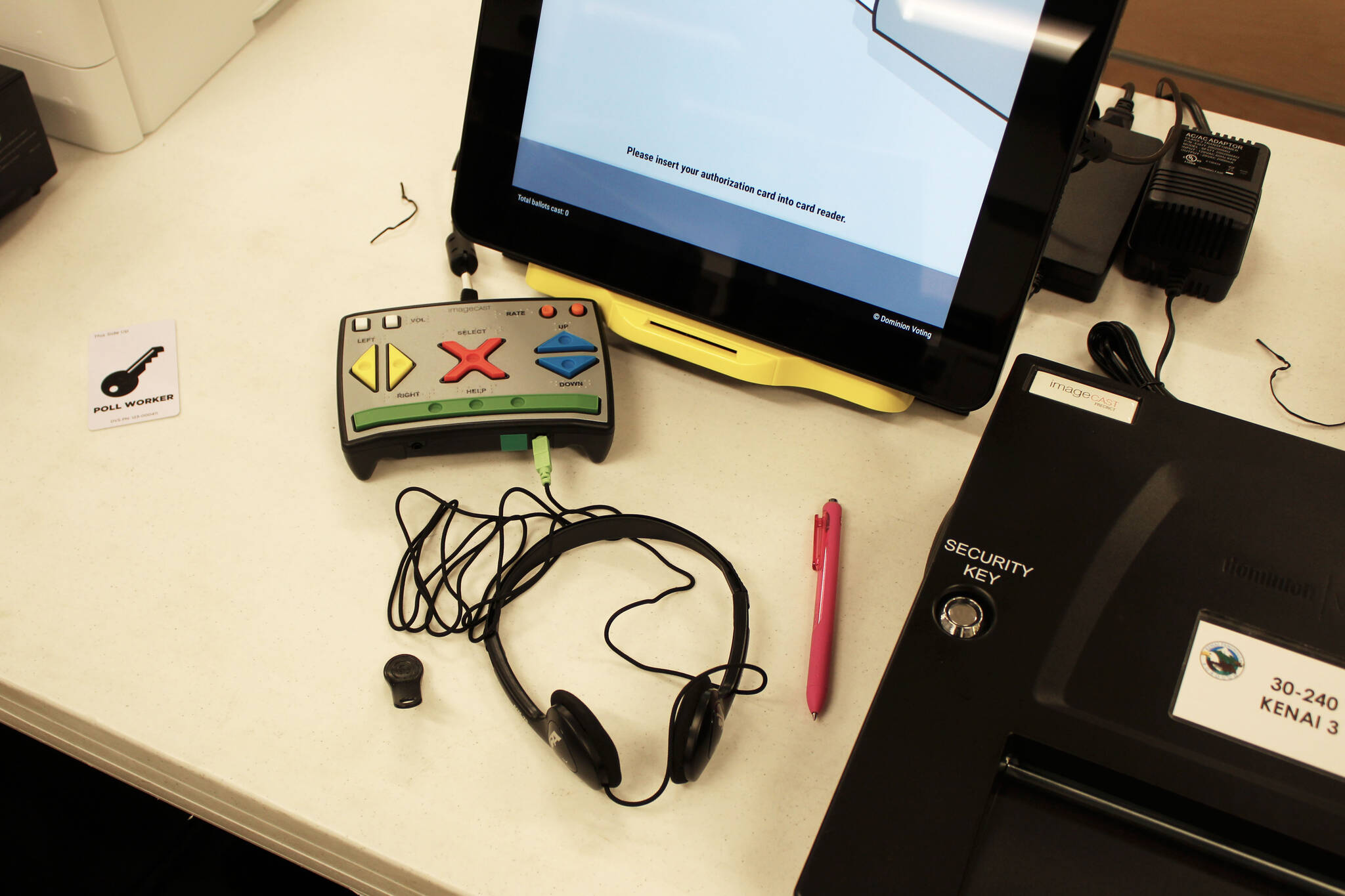 Voting equipment waits to be tested at the George A. Navarre Borough building on Thursday, Sept. 9, 2021, in Soldotna, Alaska. (Ashlyn O’Hara/Peninsula Clarion)