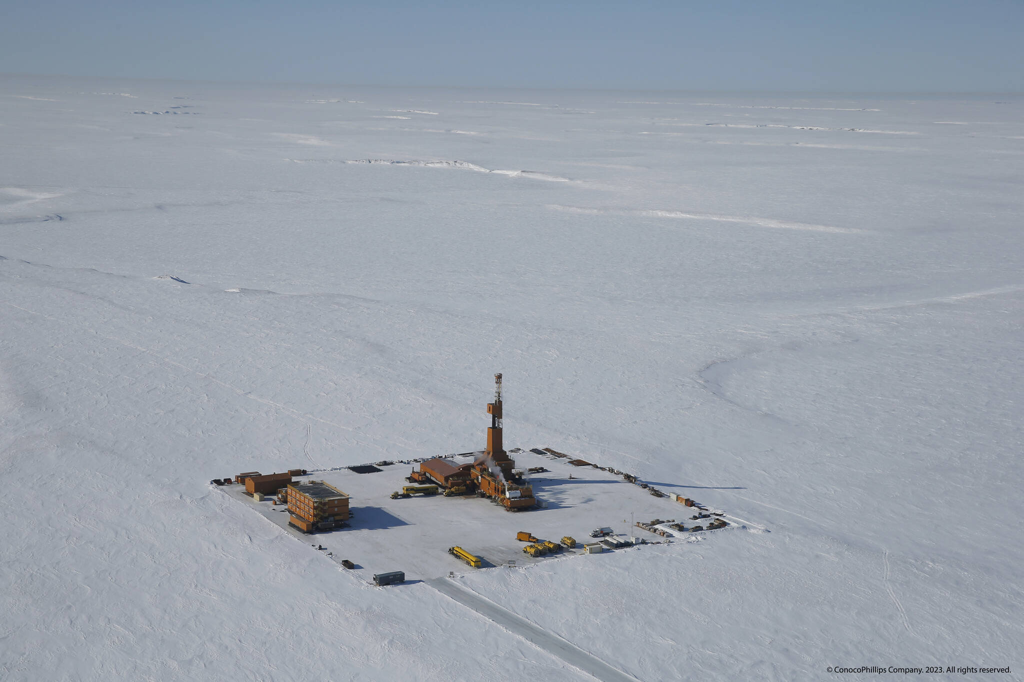 This 2019 aerial photo provided by ConocoPhillips shows an exploratory drilling camp at the proposed site of the Willow oil project on Alaska’s North Slope. (ConocoPhillips via AP)
