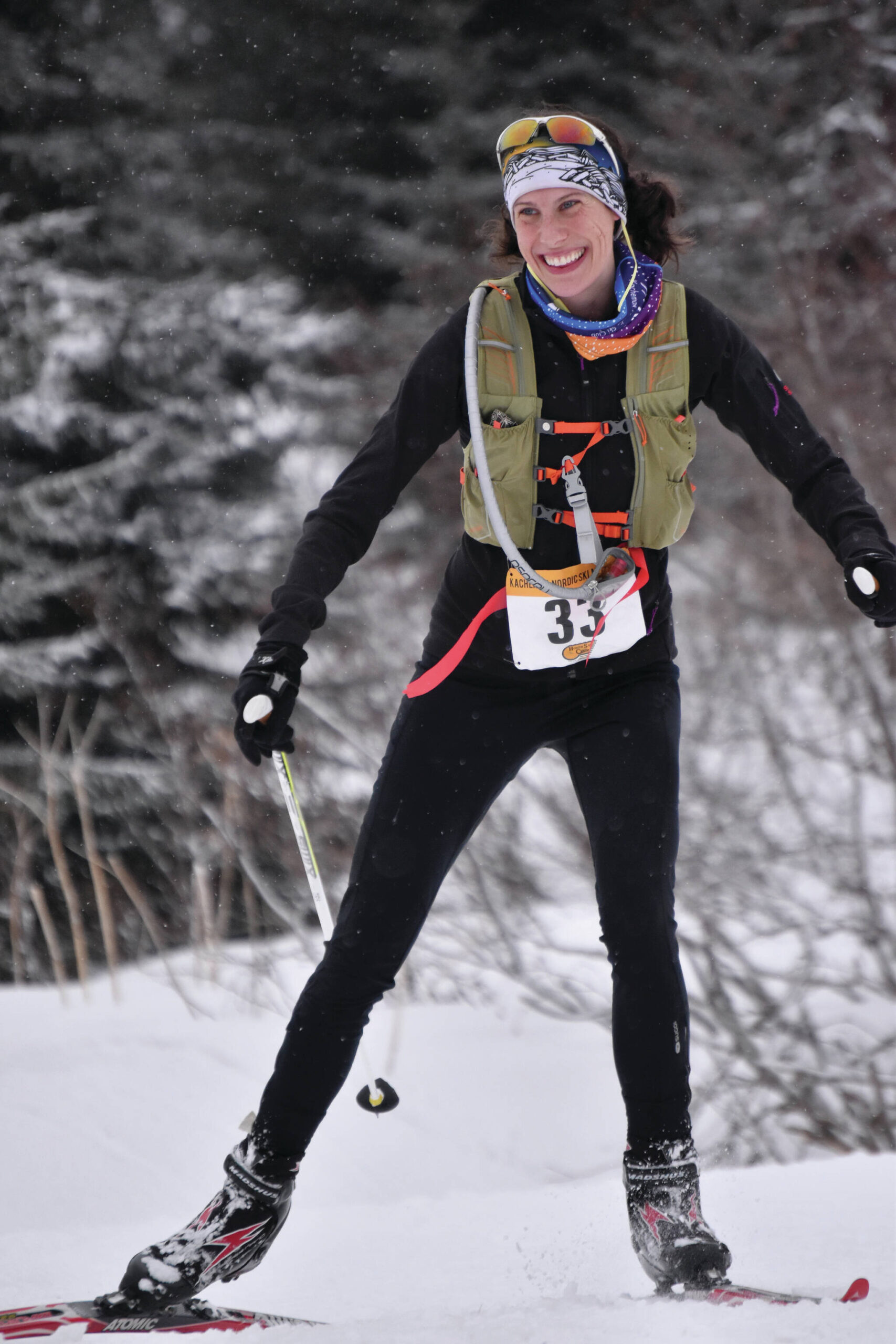 Homer’s Tara Schmidt competes in the 42-kilometer women’s race at the Kachemak Nordic Ski Marathon outside of Homer, Alaska, on Saturday, March 18, 2023. (Photo by Erin Thompson/Peninsula Clarion)