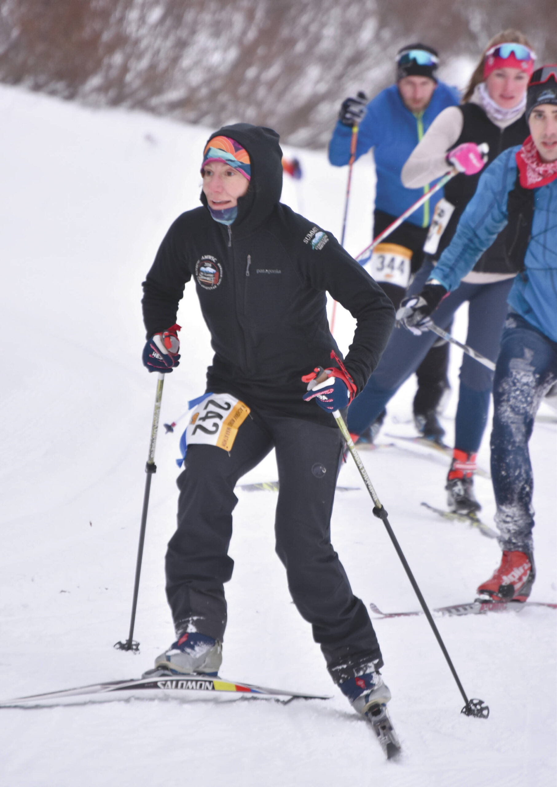 Homer’s Stephanie Schmit skis to victory in the 25-kilometer women’s race at the Kachemak Nordic Ski Marathon outside of Homer, Alaska, on Saturday, March 18, 2023. (Photo by Erin Thompson/Peninsula Clarion)