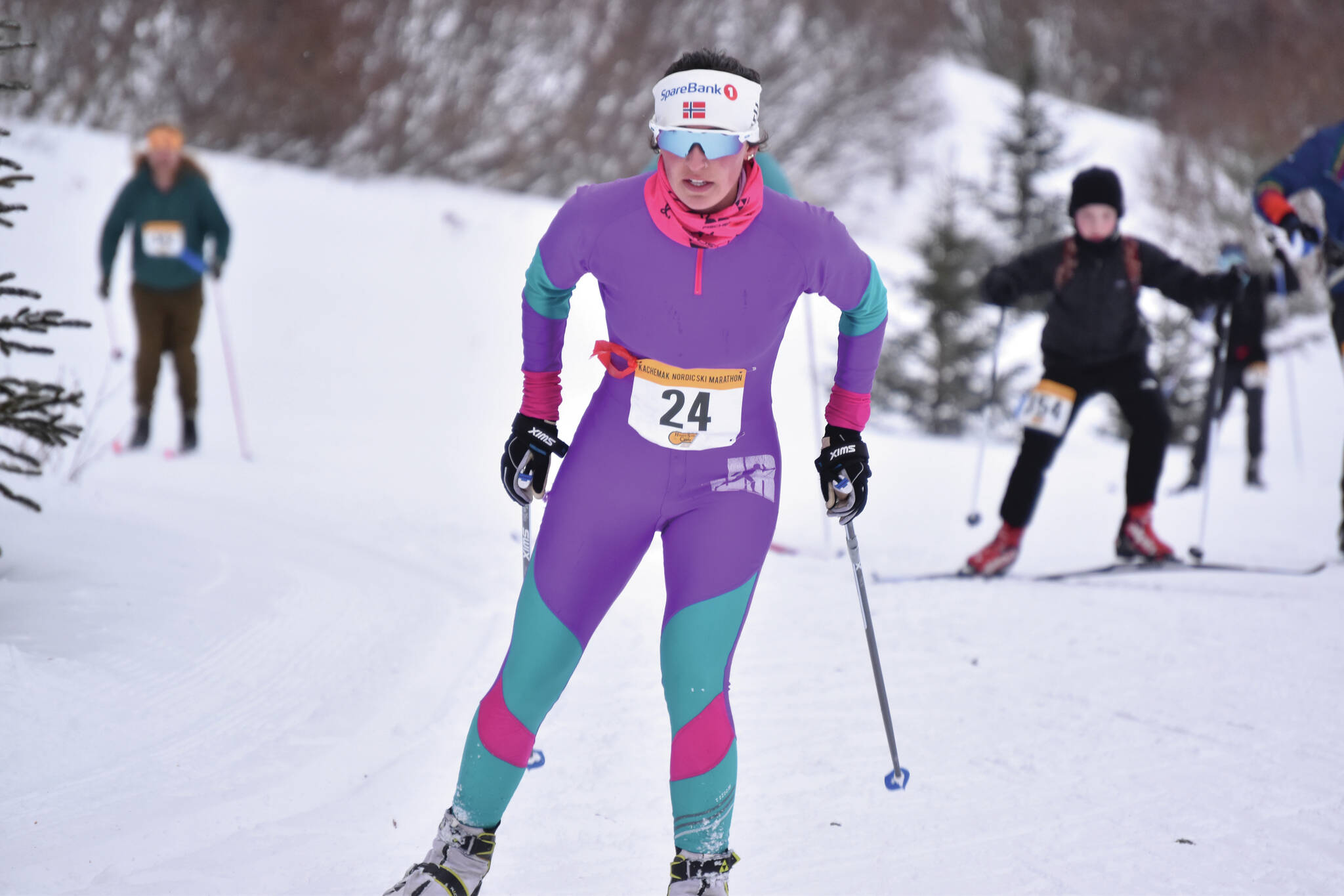 Anchorage’s Jenna DiFolco skis to victory in the 42-kilometer women’s race at the Kachemak Nordic Ski Marathon outside of Homer, Alaska, on Saturday, March 18, 2023. (Photo by Erin Thompson/Peninsula Clarion)