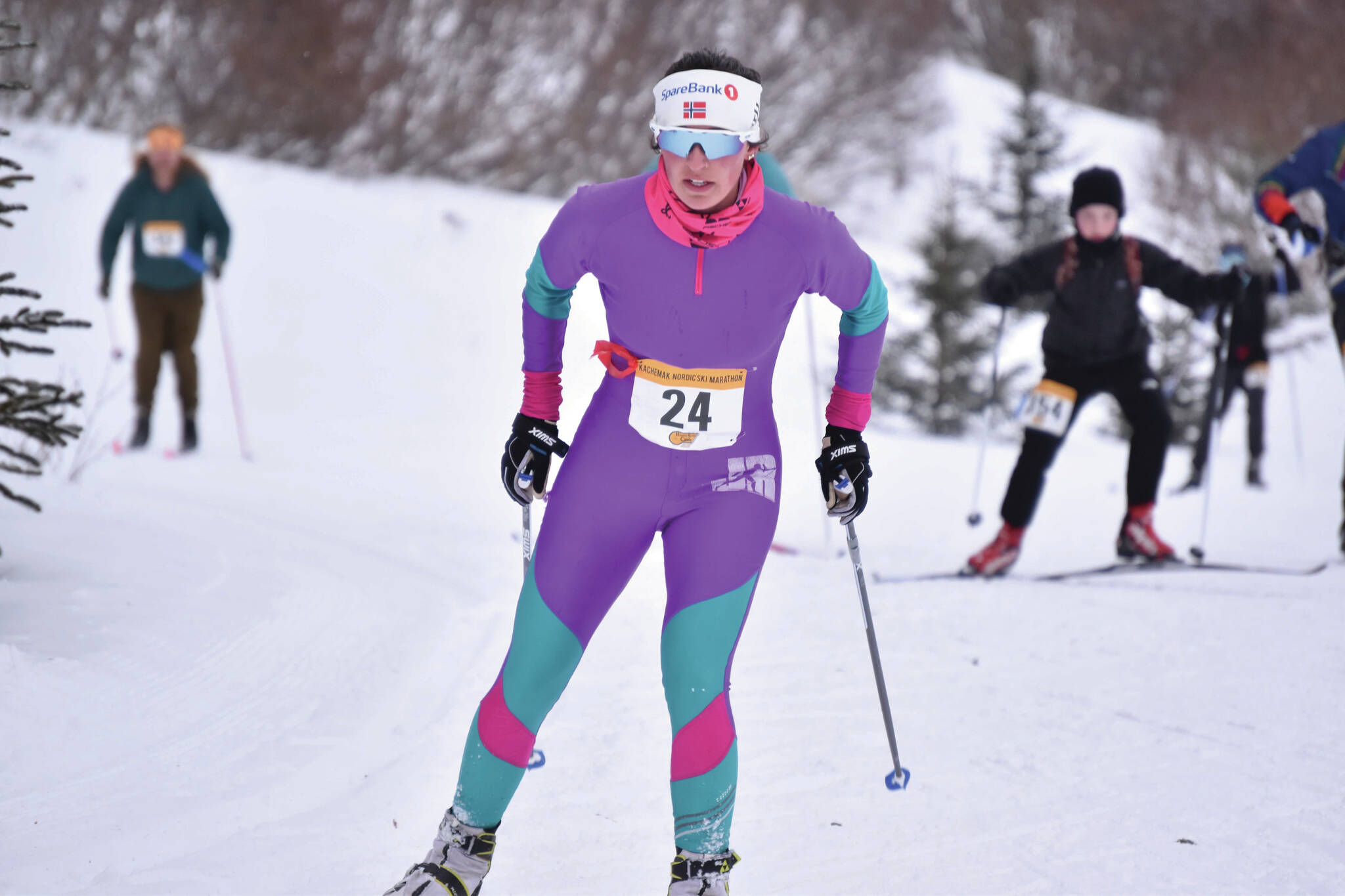 Anchorage's Jenna DiFolco skis to victory in the 42-kilometer women's race at the Kachemak Nordic Ski Marathon outside of Homer, Alaska, on Saturday, March 18, 2023. (Photo by Erin Thompson/Peninsula Clarion)