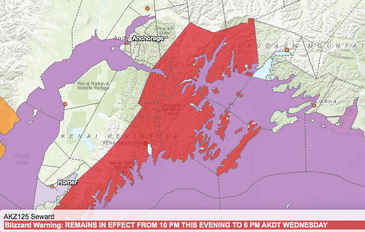 A blizzard warning is issued for the Eastern Kenai Peninsula and beyond by the National Weather Service on Tuesday, March 21, 2023. (Screenshot)