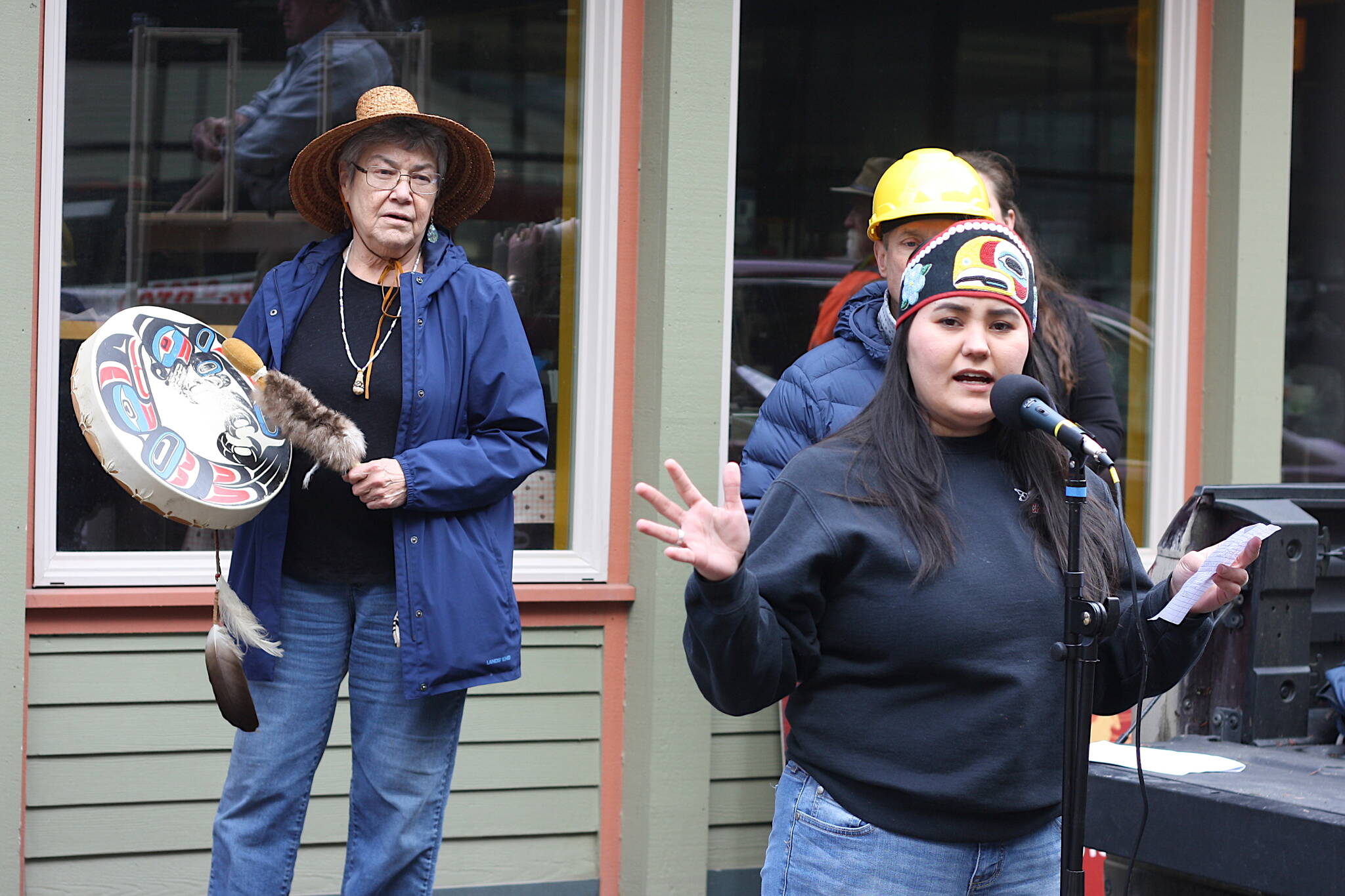 Mark Sabbatini / Juneau Empire
Rebekah Contreras, right, and Kashudoha Wanda Culp, both Hoonah residents, talk about the impacts of cruise ship tourism and other activities that are having climate and environmental impacts in their community during a climate change protest in downtown Juneau at midday Tuesday.