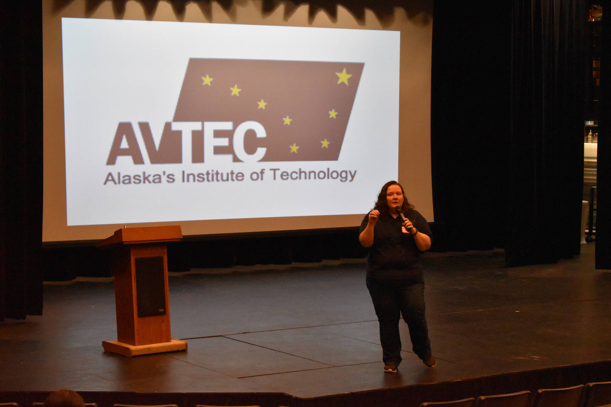 A representative of AVTEC delivers a presentation to students at Seward High School’s Career Day on Thursday, March 23, 2023, at Seward High School in Seward, Alaska. (Jake Dye/Peninsula Clarion)