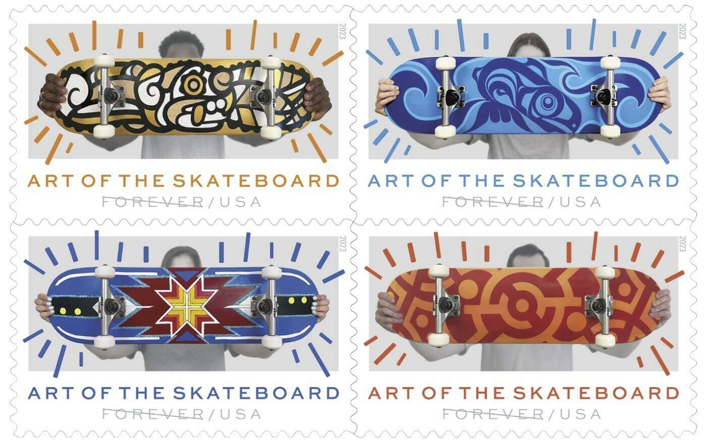 This image provided by the U.S. Postal Service shows its new the “Art of the Skateboard” Forever stamps. The agency on Friday, March 24, 2023, is debuting the stamps at a Phoenix skate park. The stamps feature designs from four artists from around the country, including two Indigenous artists. (Courtesy of USPS via AP)