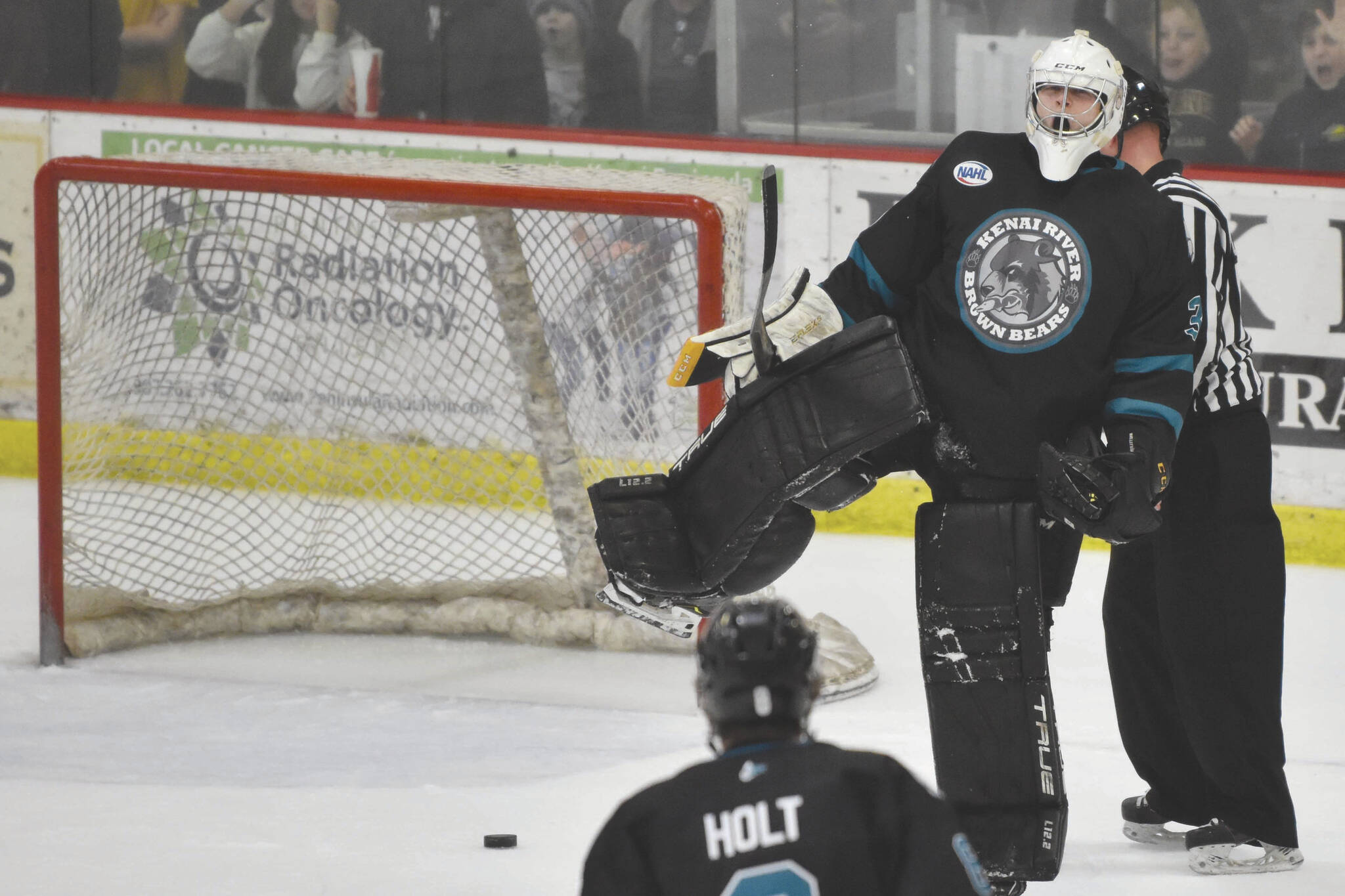 Kenai River Brown Bears goalie Nils Wallstrom celebrates winning a shootout over the Fairbanks Ice Dogs on Saturday, March 25, 2023, at the Soldotna Regional Sports Complex in Soldotna, Alaska. (Photo by Jeff Helminiak/Peninsula Clarion)