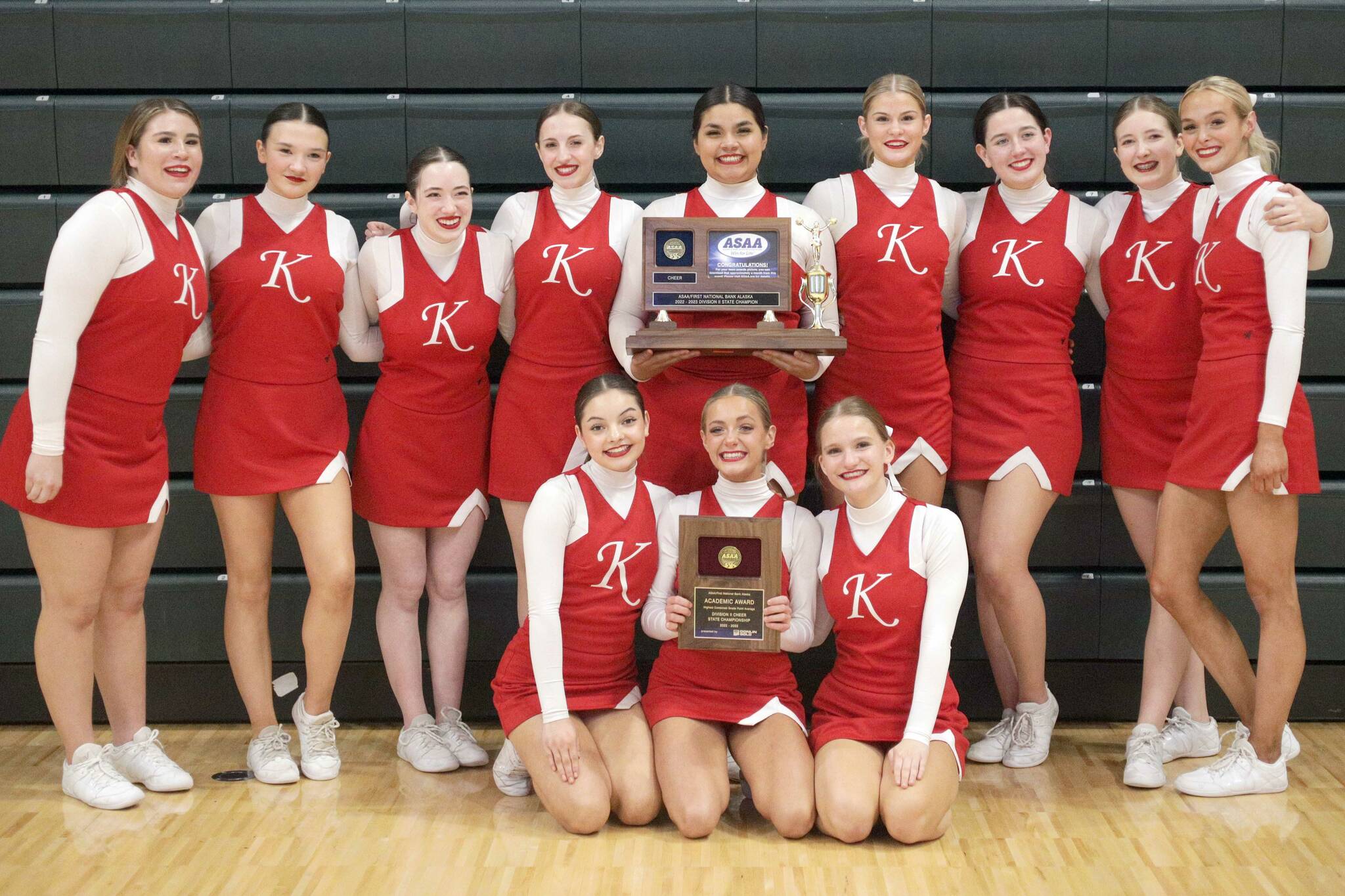 The Kenai Central cheerleading team. Back row, left to right: Caitlyn Martin, Sylvia McGraw, Ayla Tallent, Sarah Baisden, Genesis Trevino, Malena Grieme, Maya Montague, Taya Swick and Cali Holmes. Front row, left to right: Ella Romero, Brooklynn Reed and Makenize Harden. (Photo provided)