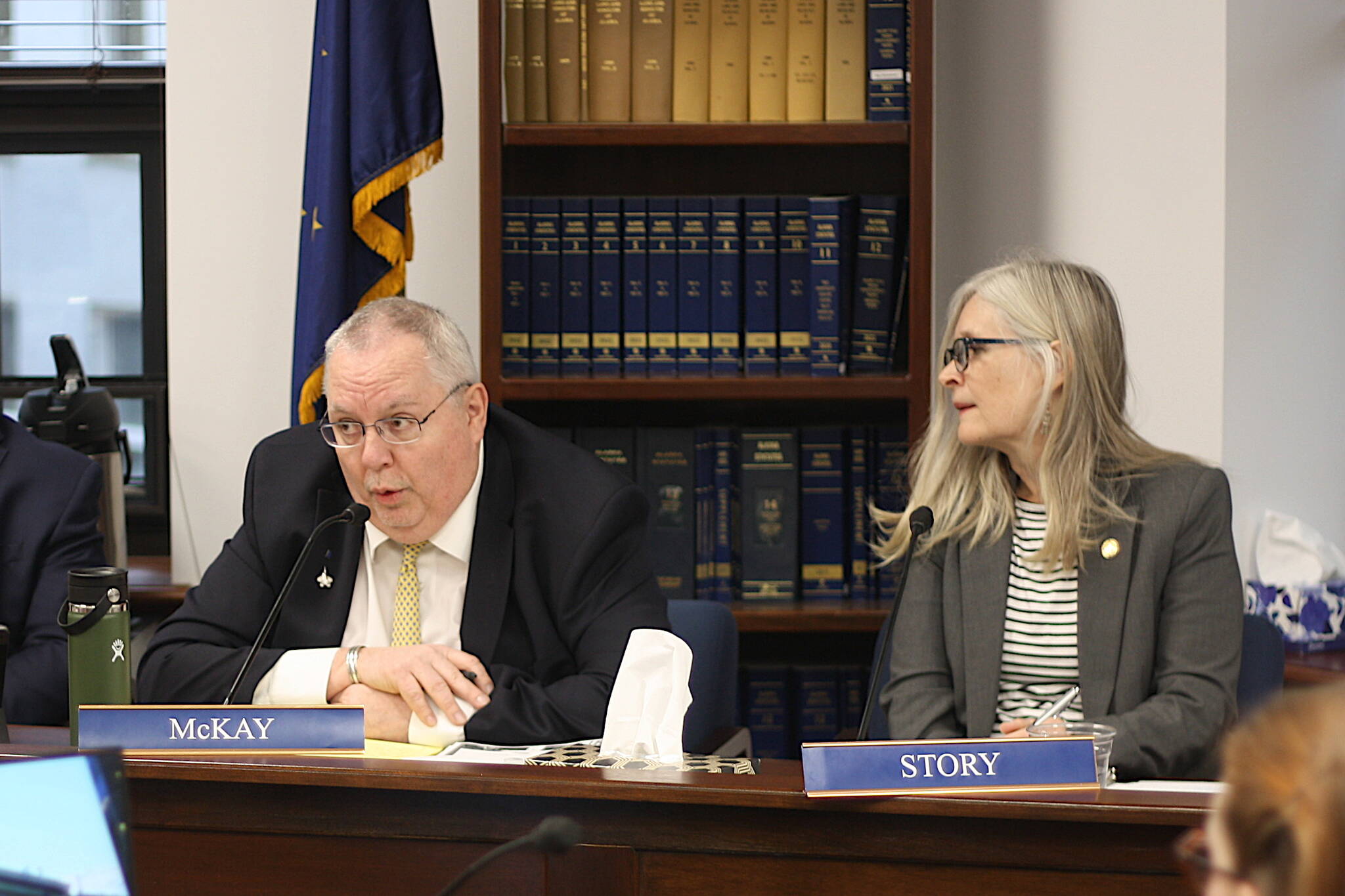 State representatives Tom McKay, R-Anchorage, and Andi Story, D-Juneau, offering competing amendments to a bill increasing the per-student funding formula for public schools by $1,250 during a House Education Committee meeting Wednesday morning. McKay’s proposal to lower the increase to $150 was defeated. Story’s proposal to implement an increase during the next two years was approved, after her proposed amounts totalling about $1,500 were reduced to $800.