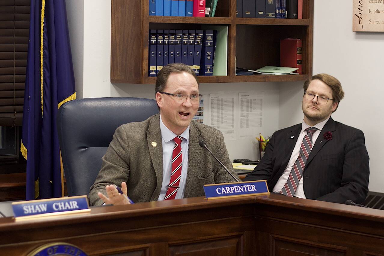 Rep. Ben Carpenter, R-Nikiski, speaks during a meeting of the House State Affairs committee on Tuesday, March 28, 2023 in Juneau, Alaska. (Mark Sabbatini/Juneau Empire)