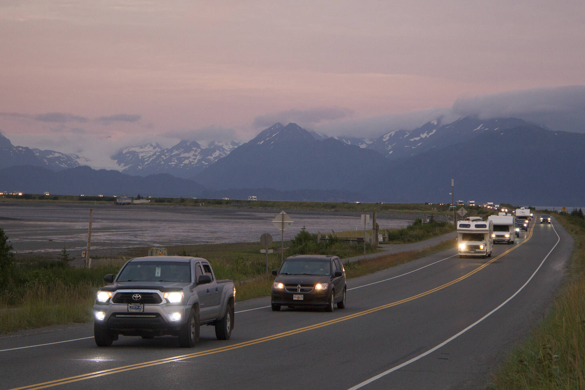 The Homer Spit is evacuated during the July 28 tsunami warning at about 10:50 p.m. (Photo by Sarah Knapp/Homer News)