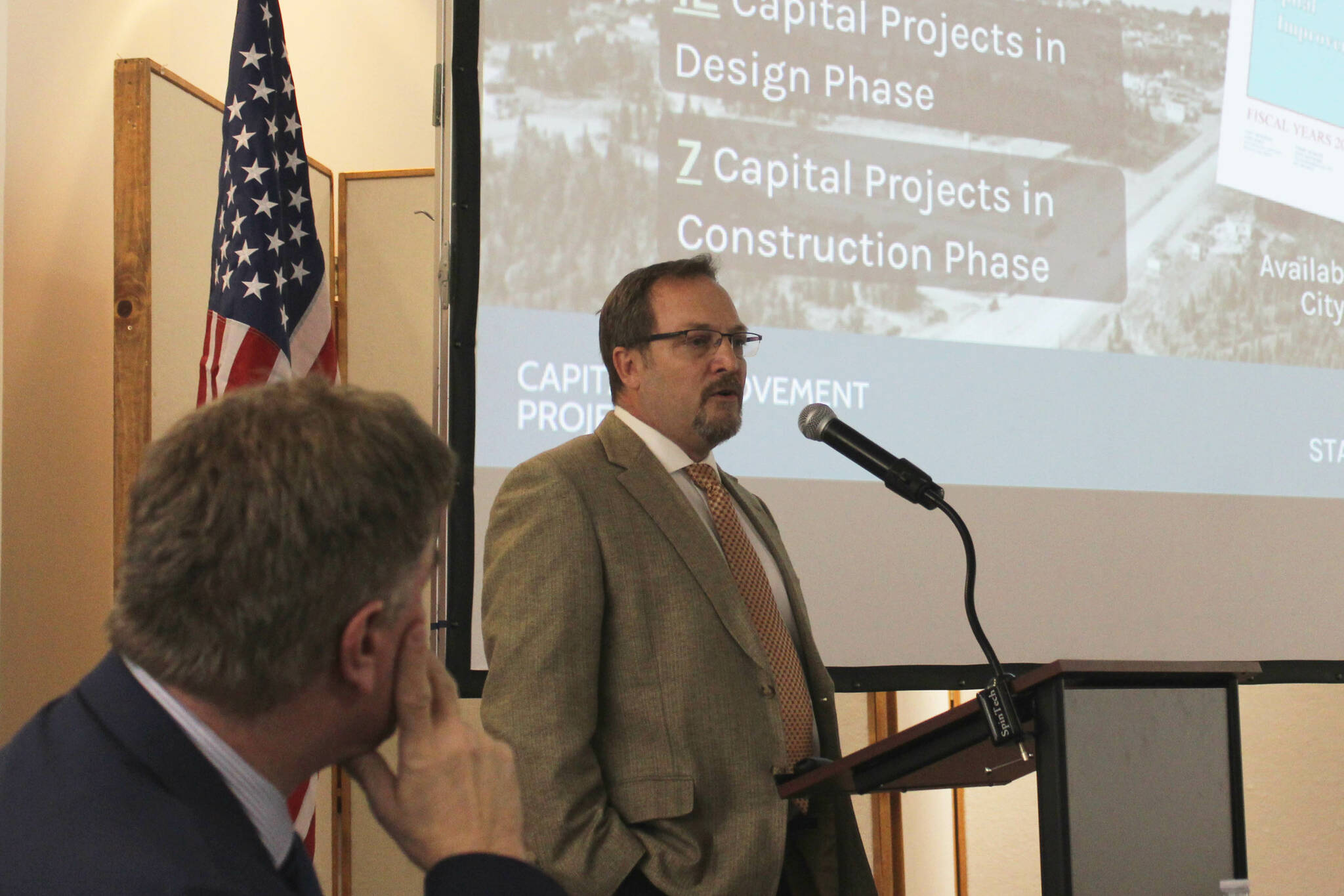 Kenai City Manager Terry Eubank (right) and Kenai Mayor Brian Gabriel (left) present the annual “State of the City” address at the Kenai Chamber of Commerce and Visitor Center on Wednesday, April 5, 2023 in Kenai, Alaska. (Ashlyn O’Hara/Peninsula Clarion)