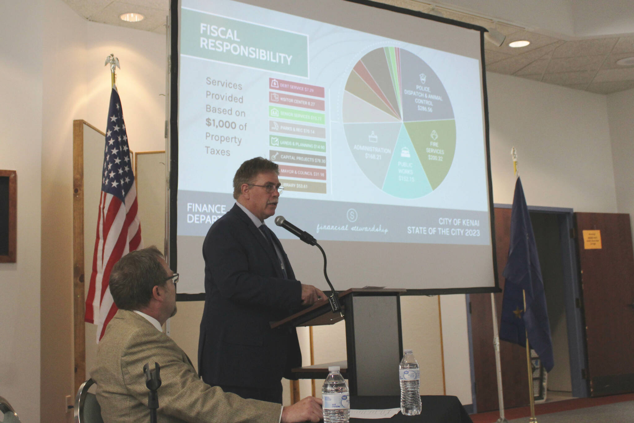 Kenai City Manager Terry Eubank (left) and Kenai Mayor Brian Gabriel (right) present the annual “State of the City” address at the Kenai Chamber of Commerce and Visitor Center on Wednesday, April 5, 2023 in Kenai, Alaska. (Ashlyn O’Hara/Peninsula Clarion)