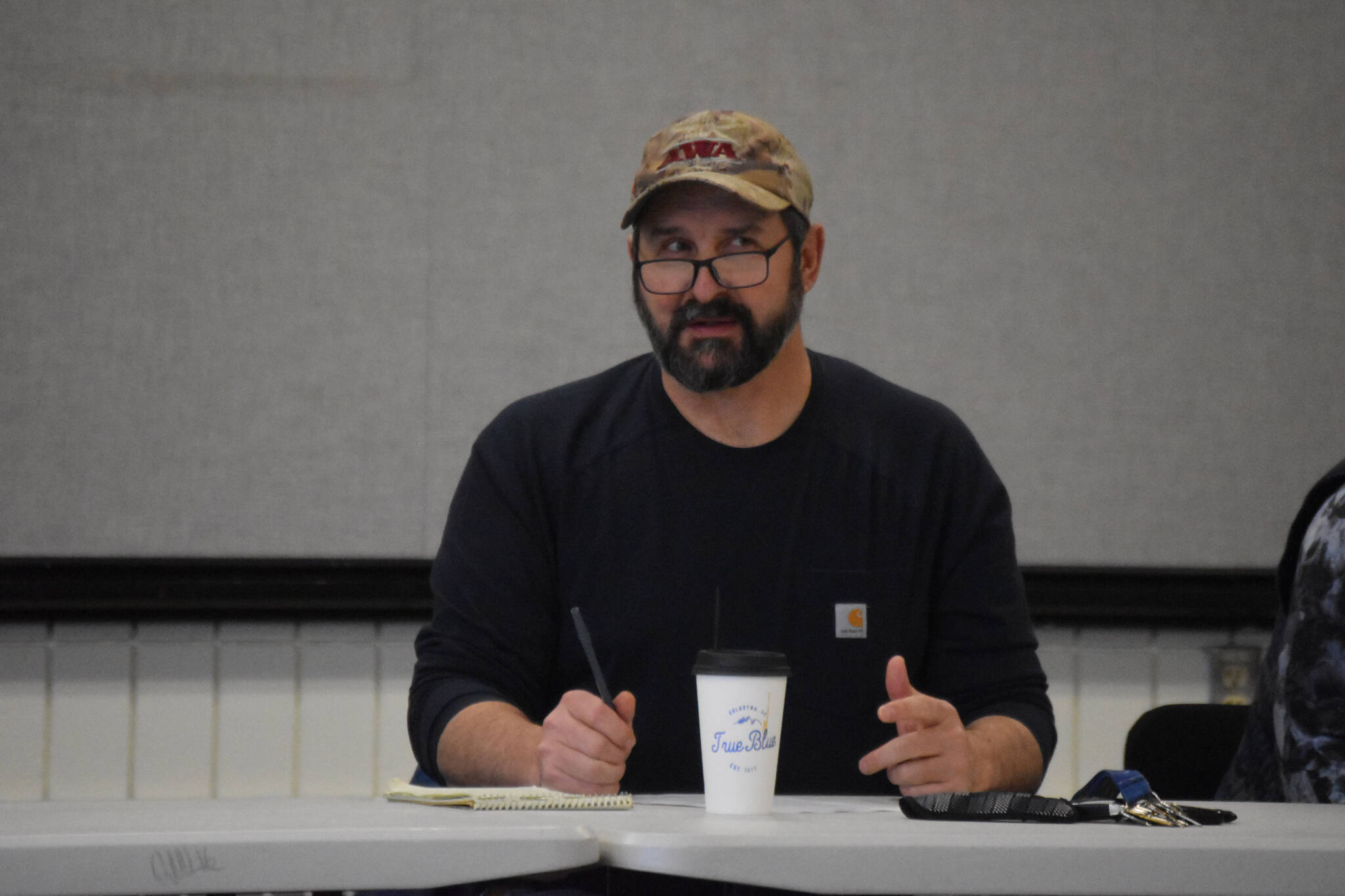 Monte Roberts speaks during a meeting of the Kenai/Soldotna Fish and Game Advisory Committee on Tuesday, April 4, 2023, at the Soldotna Regional Sports Complex in Soldotna, Alaska. (Jake Dye/Peninsula Clarion)