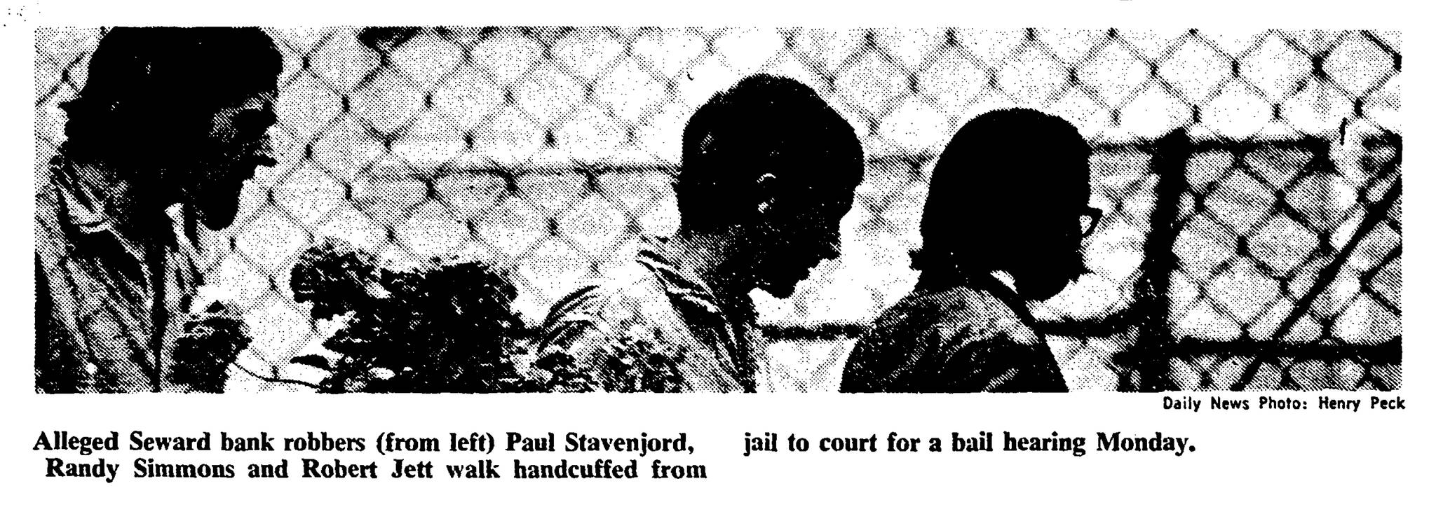 This August 1971 Anchorage Daily News photo shows bank robbery suspects Paul Stavenjord, Robert Jett and Randy Simmons heading to their bail hearing.