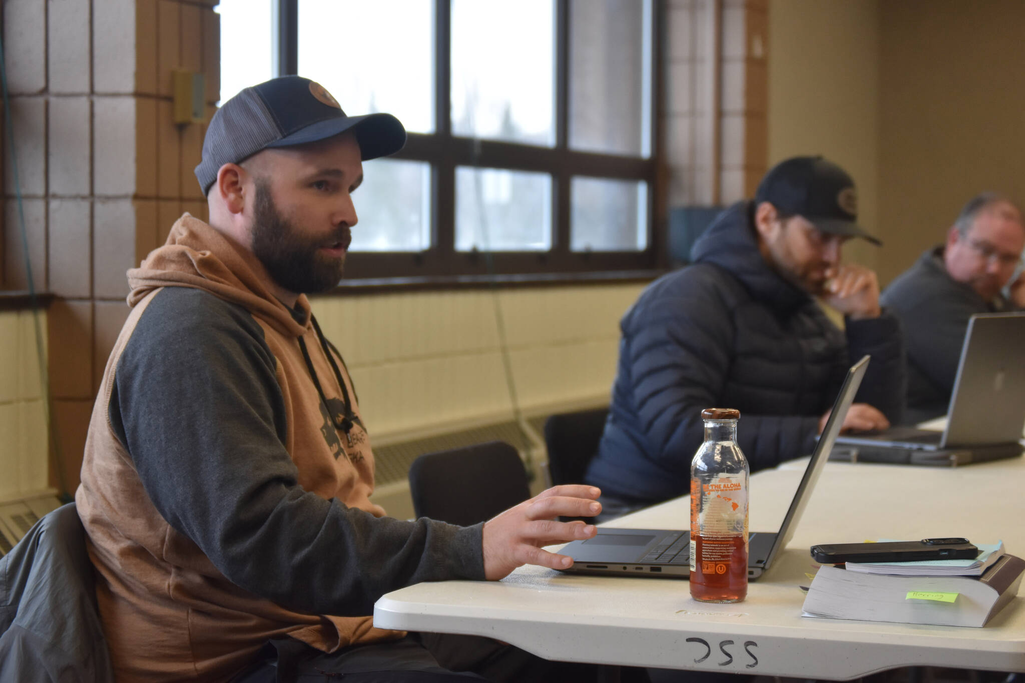 Department of Fish and Game Northern Kenai Peninsula Area Manager Colton Lipka speaks to the Kenai/Soldotna Fish and Game Advisory Committee during a meeting on Tuesday, April 4, 2023, at the Soldotna Regional Sports Complex in Soldotna, Alaska. (Jake Dye/Peninsula Clarion)