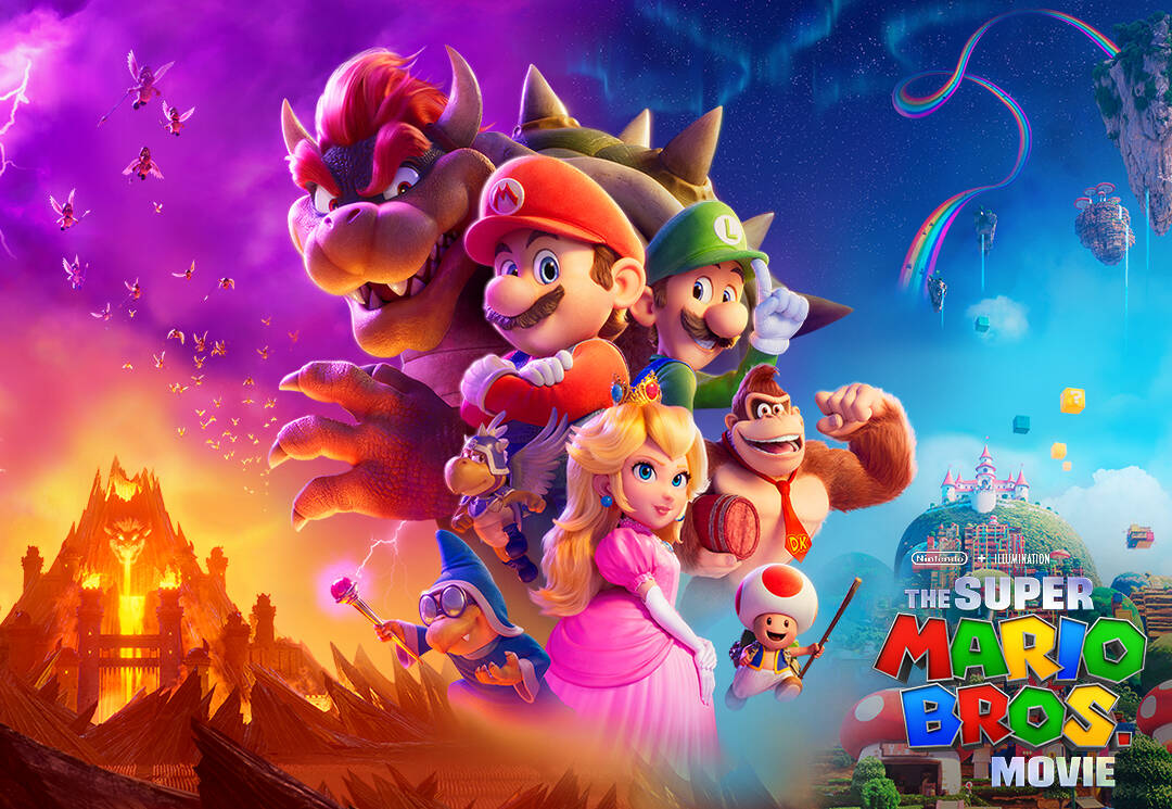 Promotional image for “The Super Mario Bros. Movie” shows Mario, Luigi, Princess Peach and other major characters. (Photo courtesy Universal Studios)