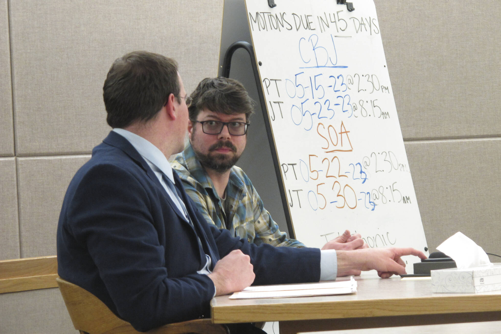 AP Photo / Becky Bohrer
Mitchell Thomas Watley, right, listens to his attorney Nick Polasky before a scheduled court hearing on Tuesday, April 11, 2023, in Juneau, Alaska. A preliminary hearing that was scheduled for Tuesday for Watley, a children’s book illustrator, was pushed to April 21. Watley has been accused of terroristic threatening after authorities said he posted in locations in Juneau transphobic notes that referenced shooting children.