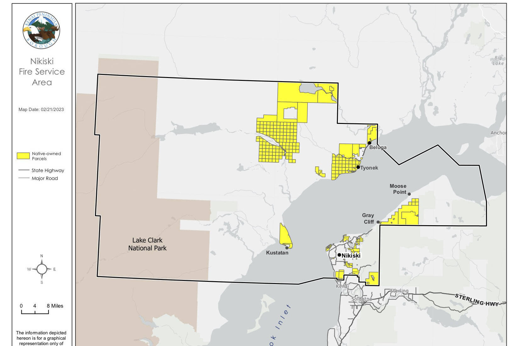 A map shows what Native-owned land parcels fall within the current boundaries of the Nikiski Fire Service Area. The assembly is considering excluding those parcels from the coverage area of the Nikiski Advisory Planning Commission, which currently has the same boundaries as the fire service area. (Map via Kenai Peninsula Borough)